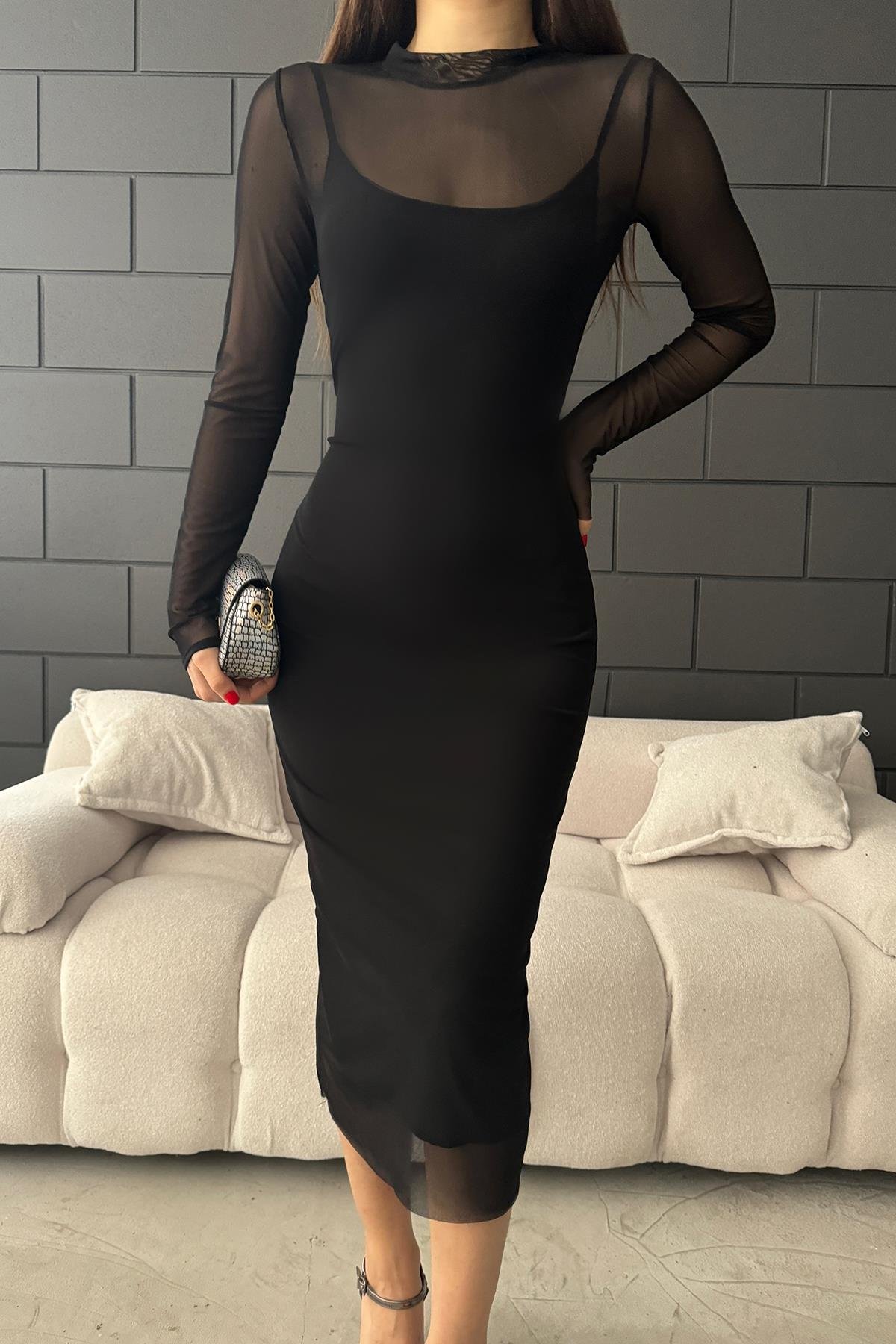 Hera Moda Kadın Siyah Uzun Kol Tül Elbise