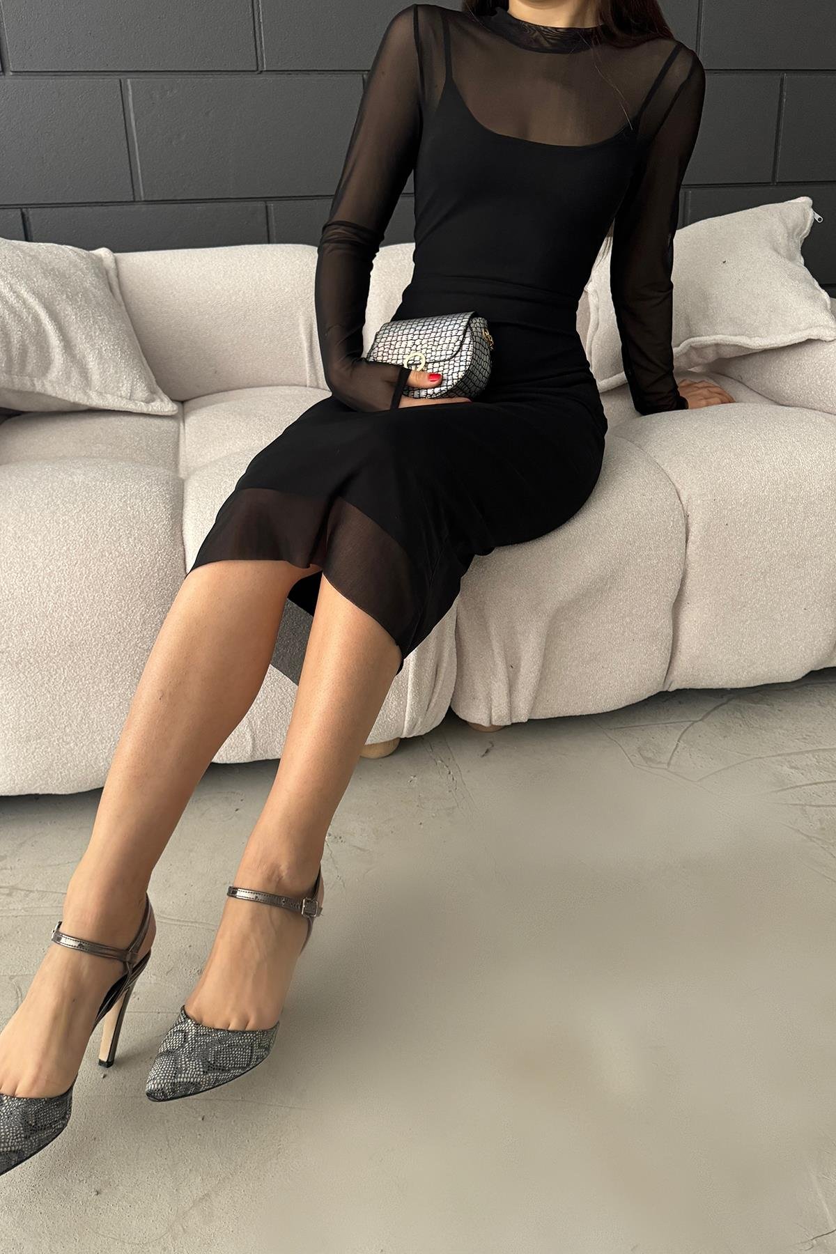 Hera Moda Kadın Siyah Uzun Kol Tül Elbise