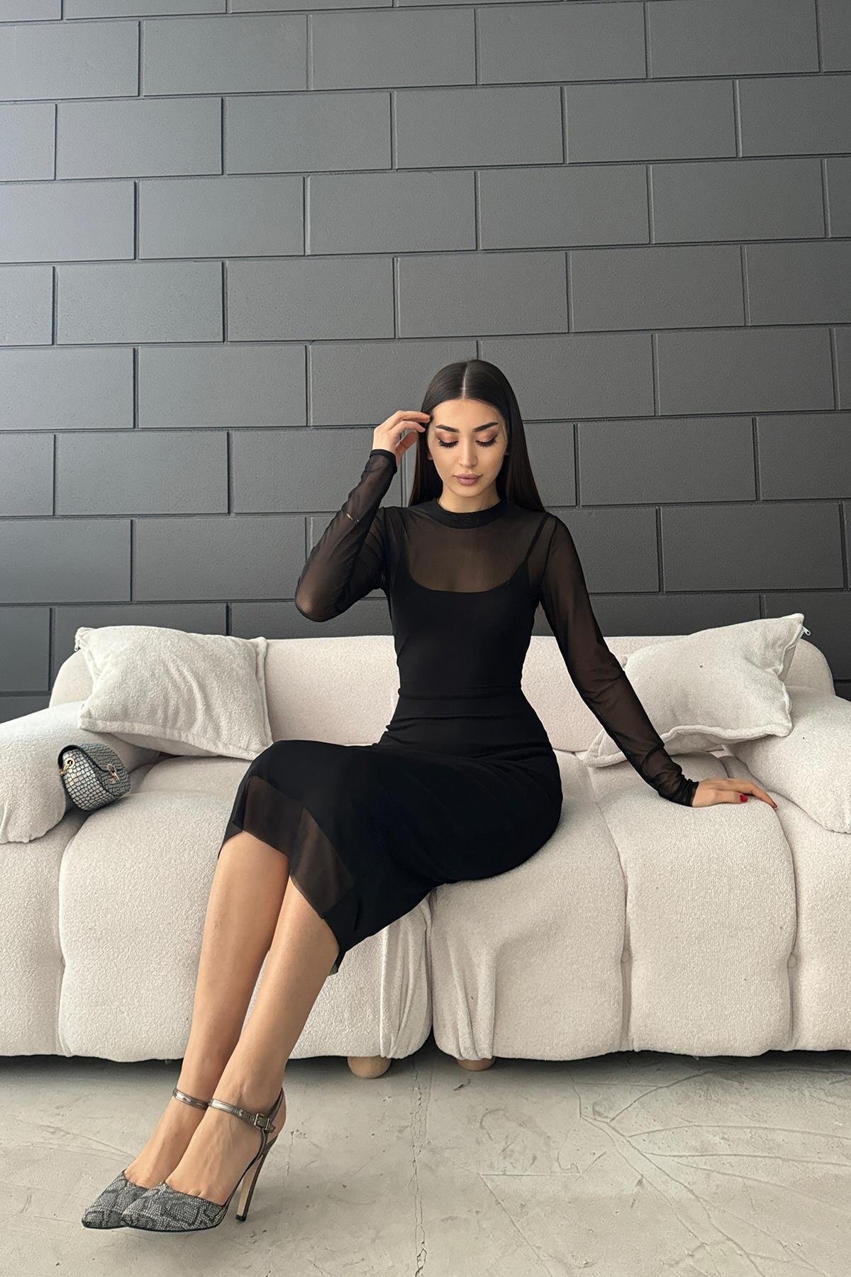 Hera Moda Kadın Siyah Uzun Kol Tül Elbise