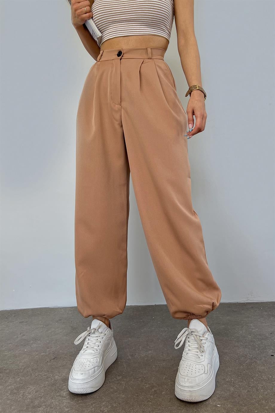 Hera Moda Kadın Sütlü Kahve Paçası Lastikil Yüksek Bel Bol Pantolon