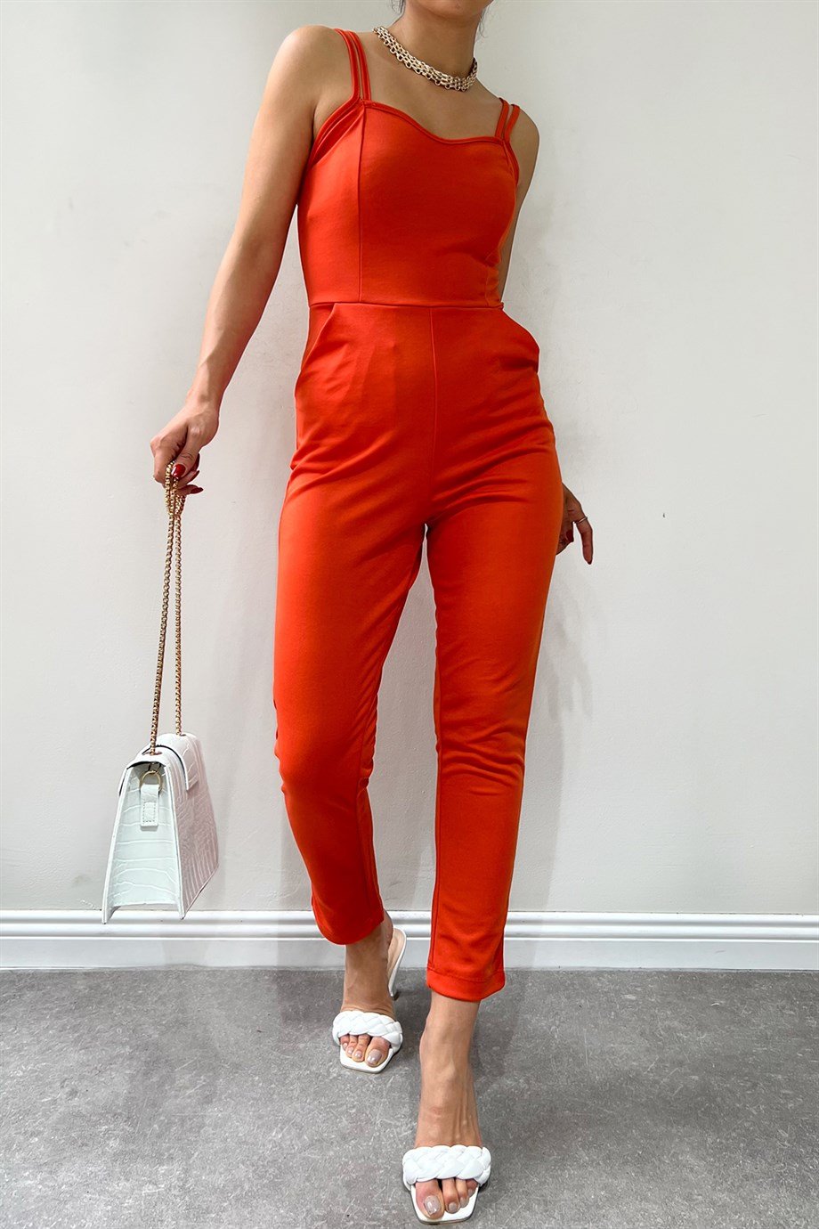 Hera Moda Kadın Turuncu Çift Askılı Cepli Tulum