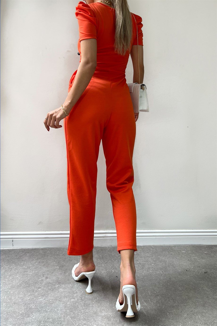 Hera Moda Kadın Turuncu Kısa Kollu Tulum