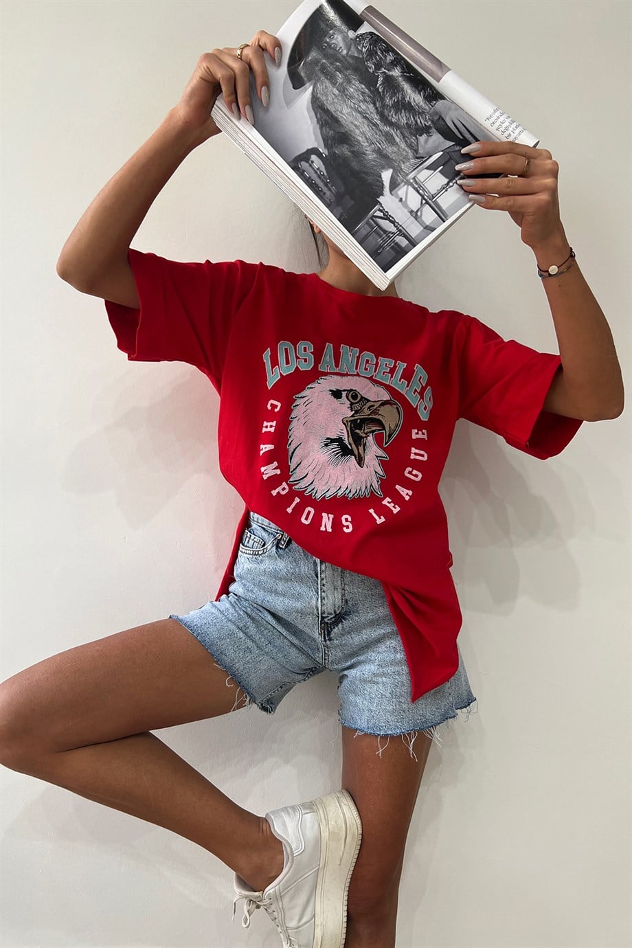 Hera Moda Kırmızı Los Angeles Oversize Tshirt 