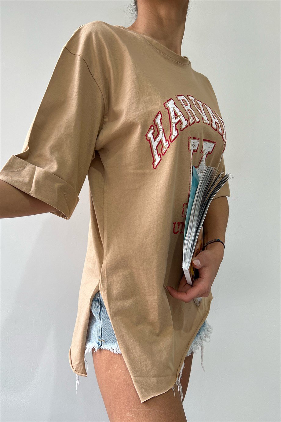 Hera Moda Krem Harvard Oversize Tshirt 