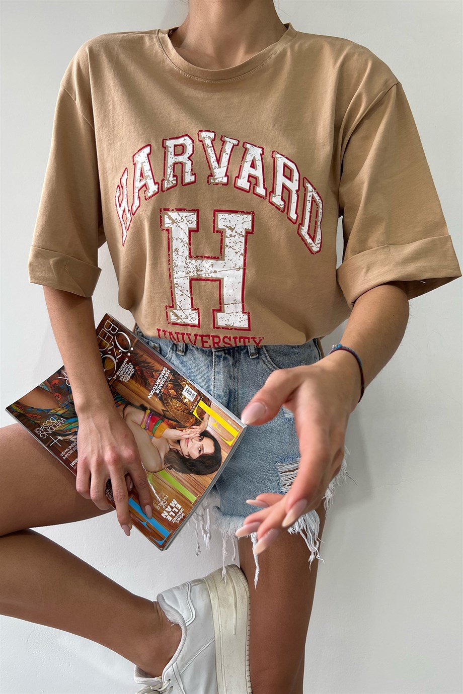 Hera Moda Krem Harvard Oversize Tshirt 