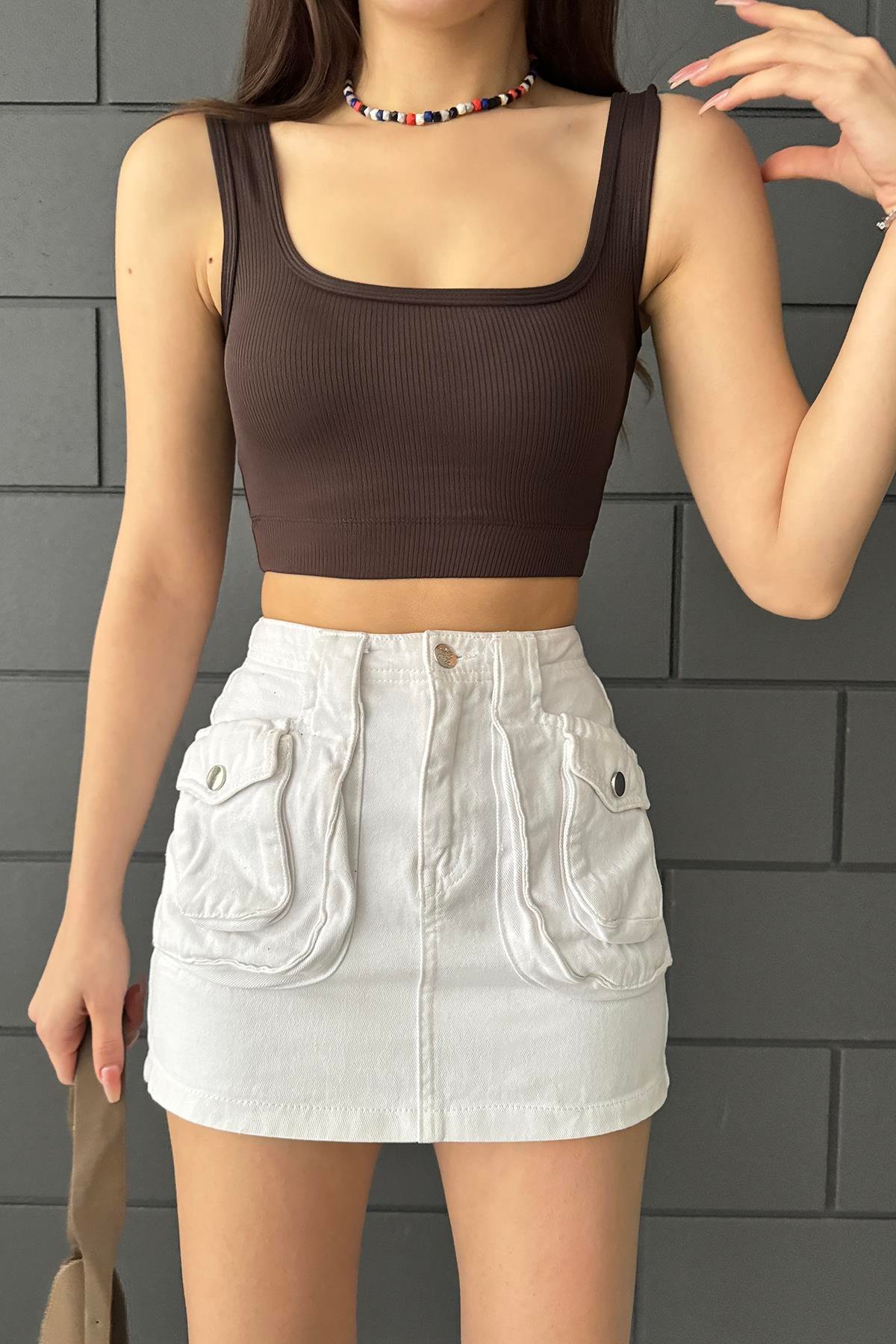 Heramoda Kadın Kahverengi Fitilli Crop 