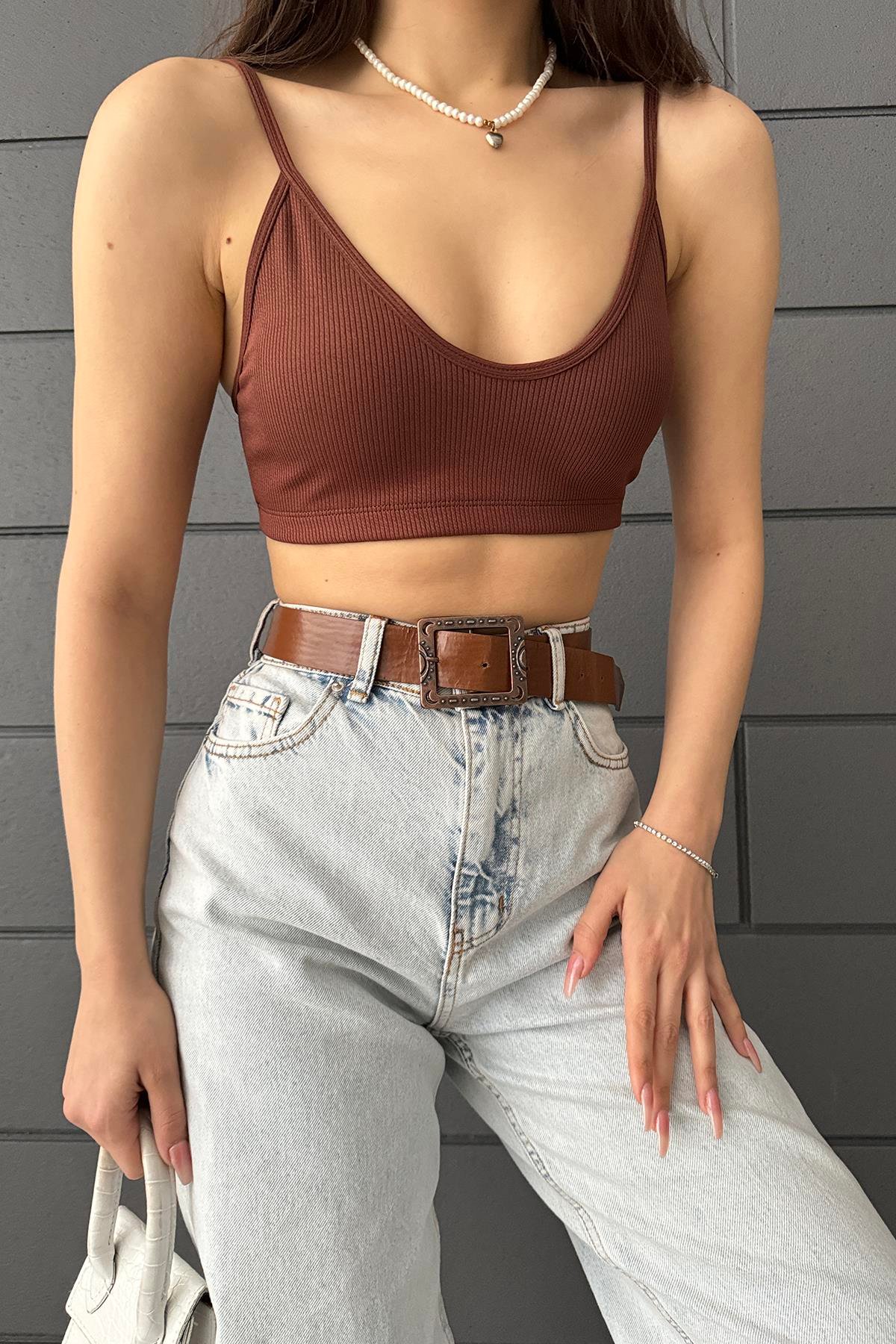 Heramoda Kadın Kahverengi  V yaka Dilvin Crop