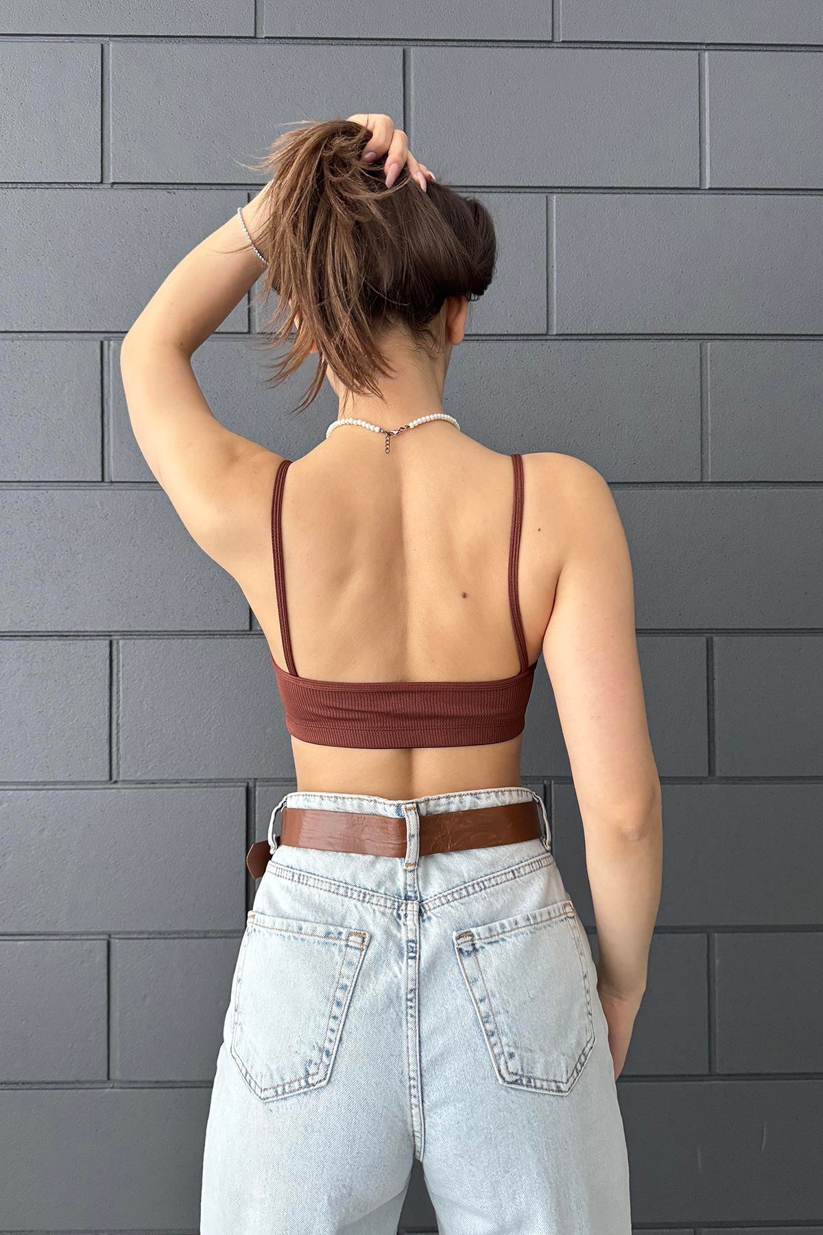 Heramoda Kadın Kahverengi  V yaka Dilvin Crop