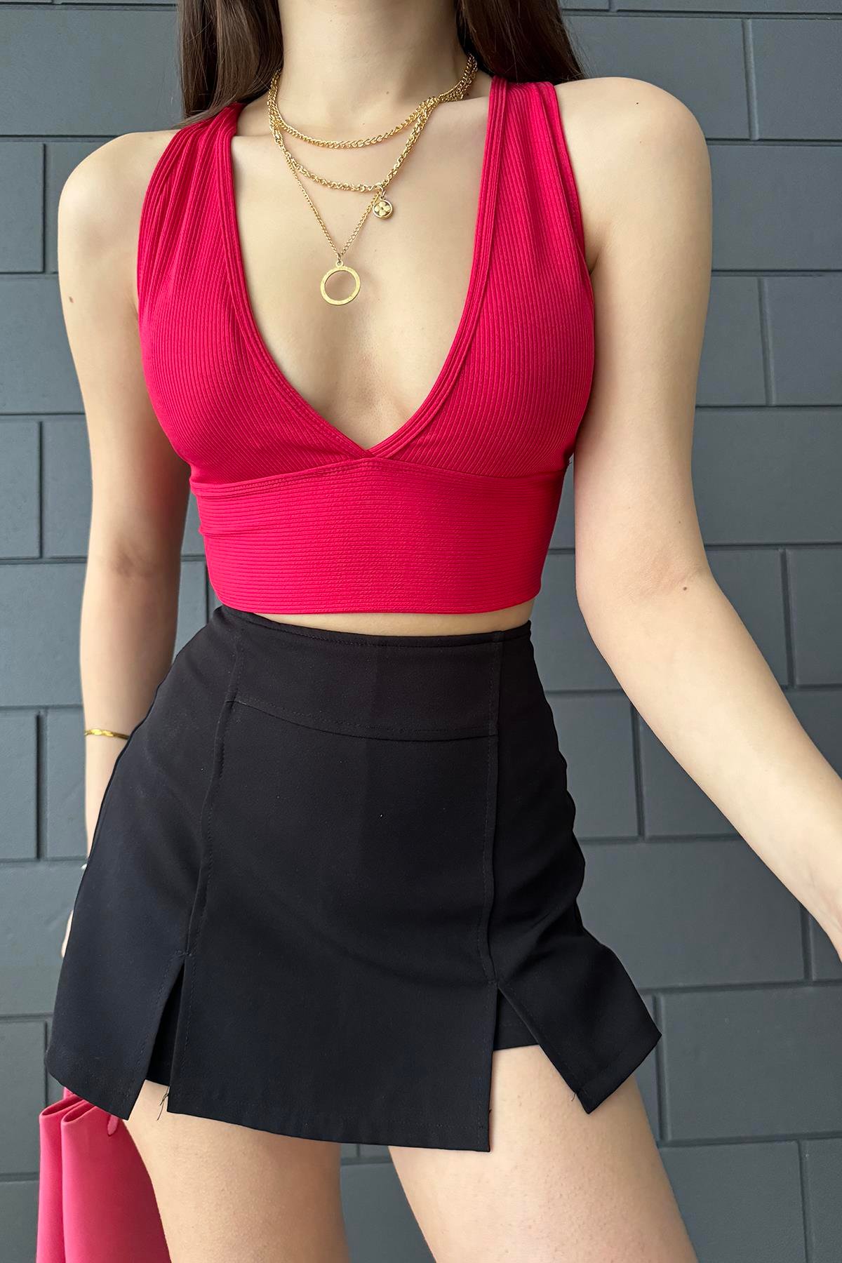 Heramoda Kadın Pembe Fitilli Kalın Kemer Sırtı Çapraz V Yaka Crop
