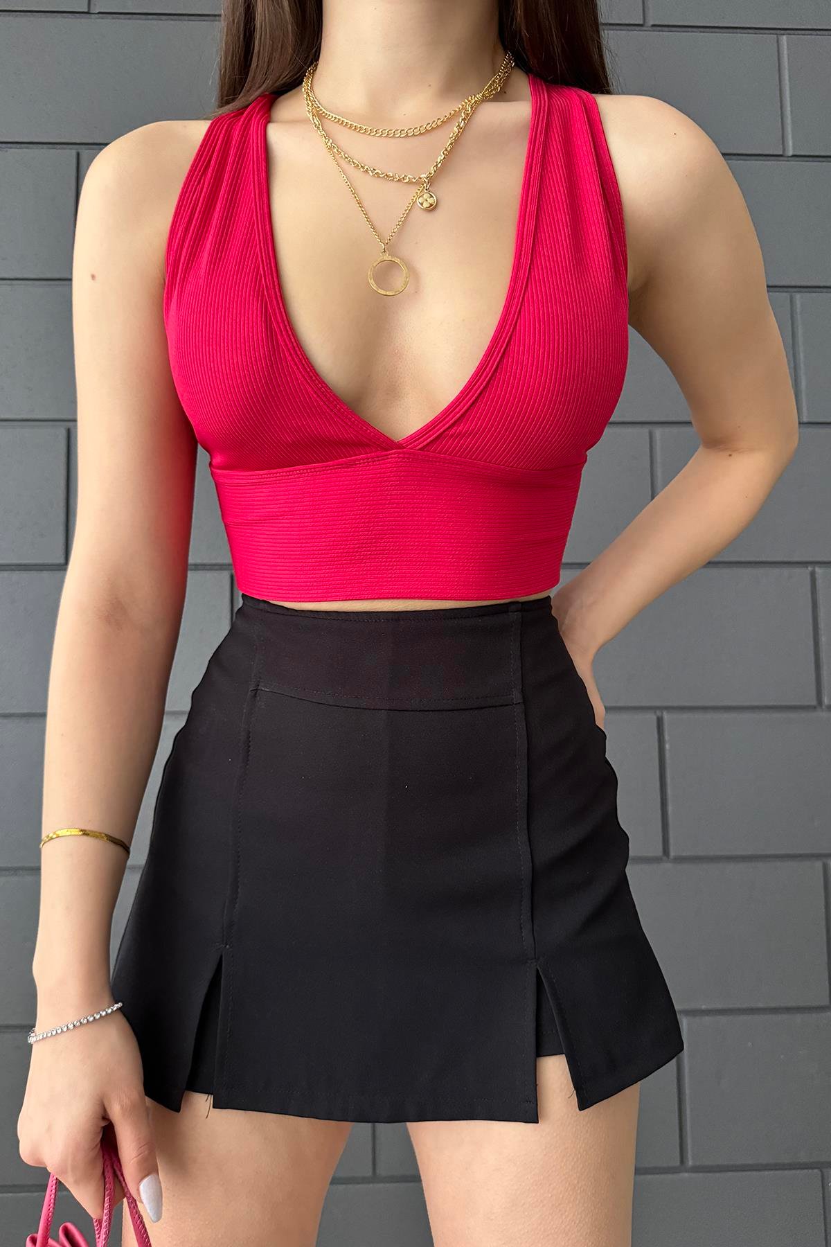 Heramoda Kadın Pembe Fitilli Kalın Kemer Sırtı Çapraz V Yaka Crop