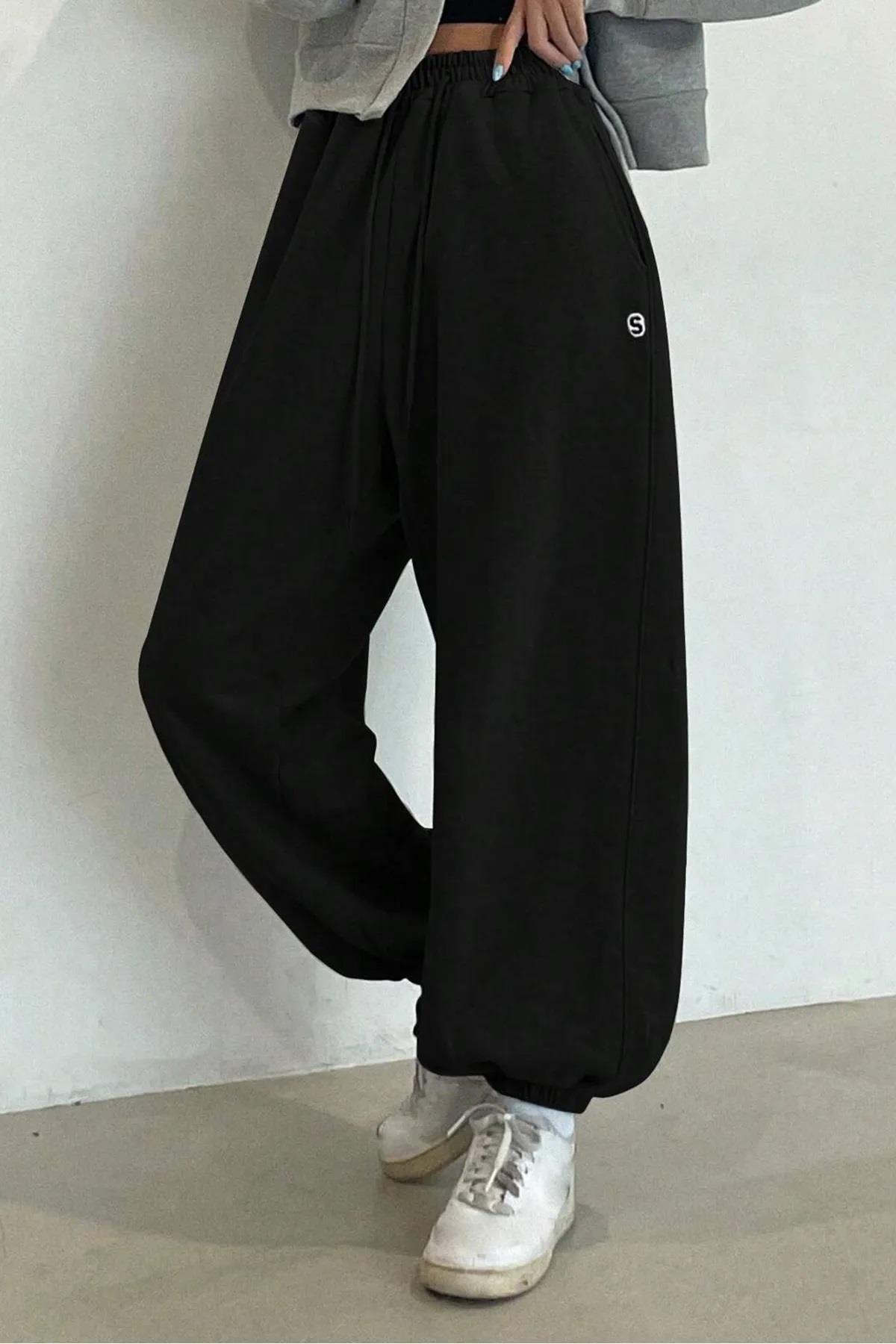 Kadın Siyah S Etiketli Oversize Jogger Eşofman Altı