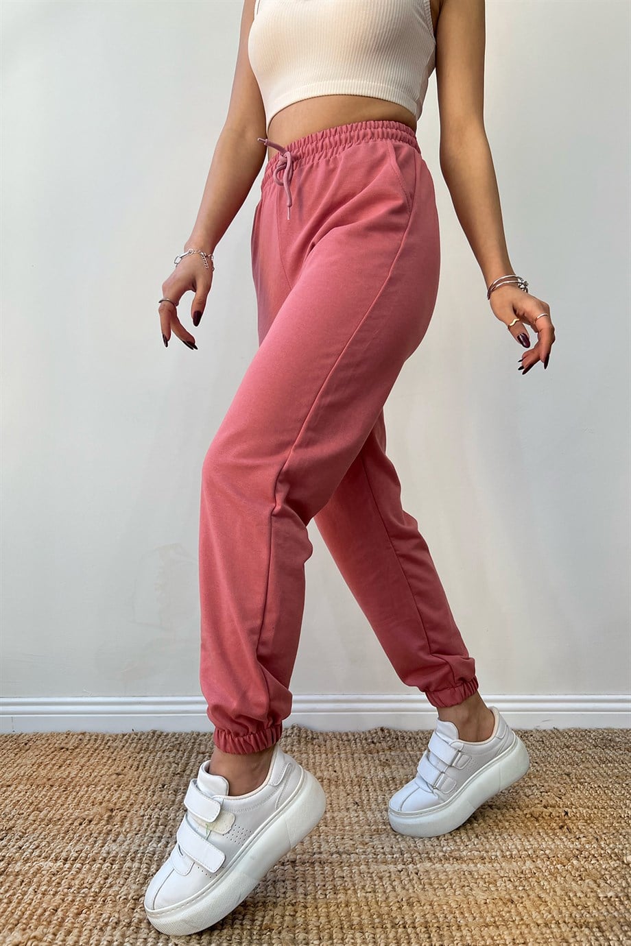 Kadın Yüksek Bel Pembe Jogger Eşofman Altı