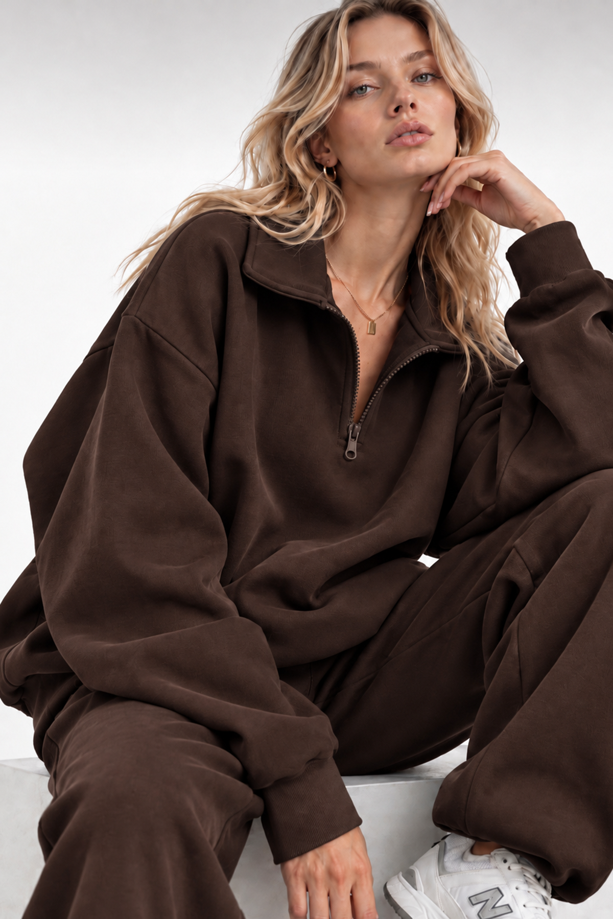 Kahve Fermuarlı Polo Yaka 3 İplik Şardonlu Sweat
