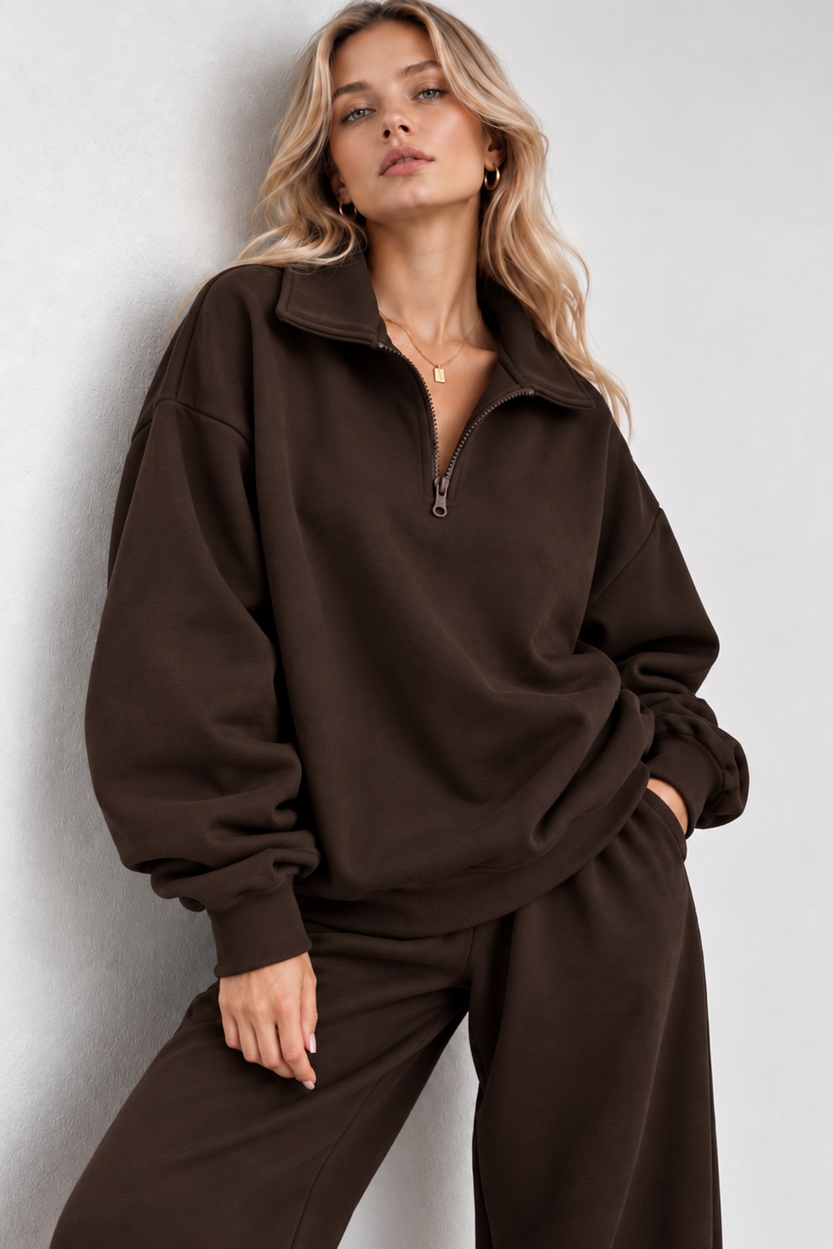 Kahve Fermuarlı Polo Yaka 3 İplik Şardonlu Sweat