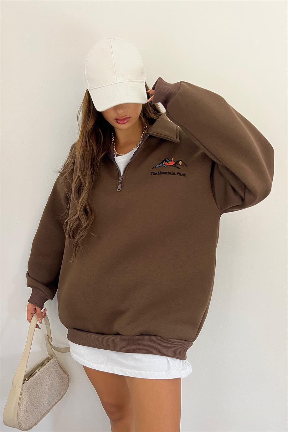 Kahve The Montein Park Baskılı Fermuarlı Polo Yaka 3 İplik Şardonlu Sweat