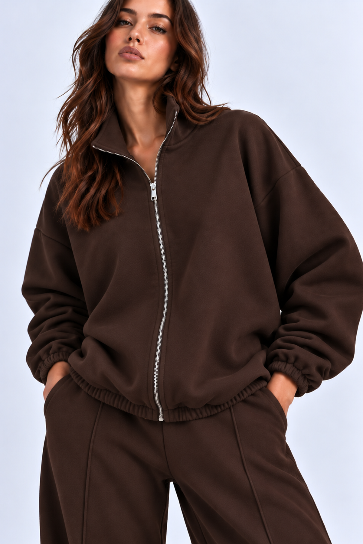 KAHVERENGİ 3 Iplik Içi Şardonlu Dik Yaka Demir Fermuarlı Oversize Sweatshirt