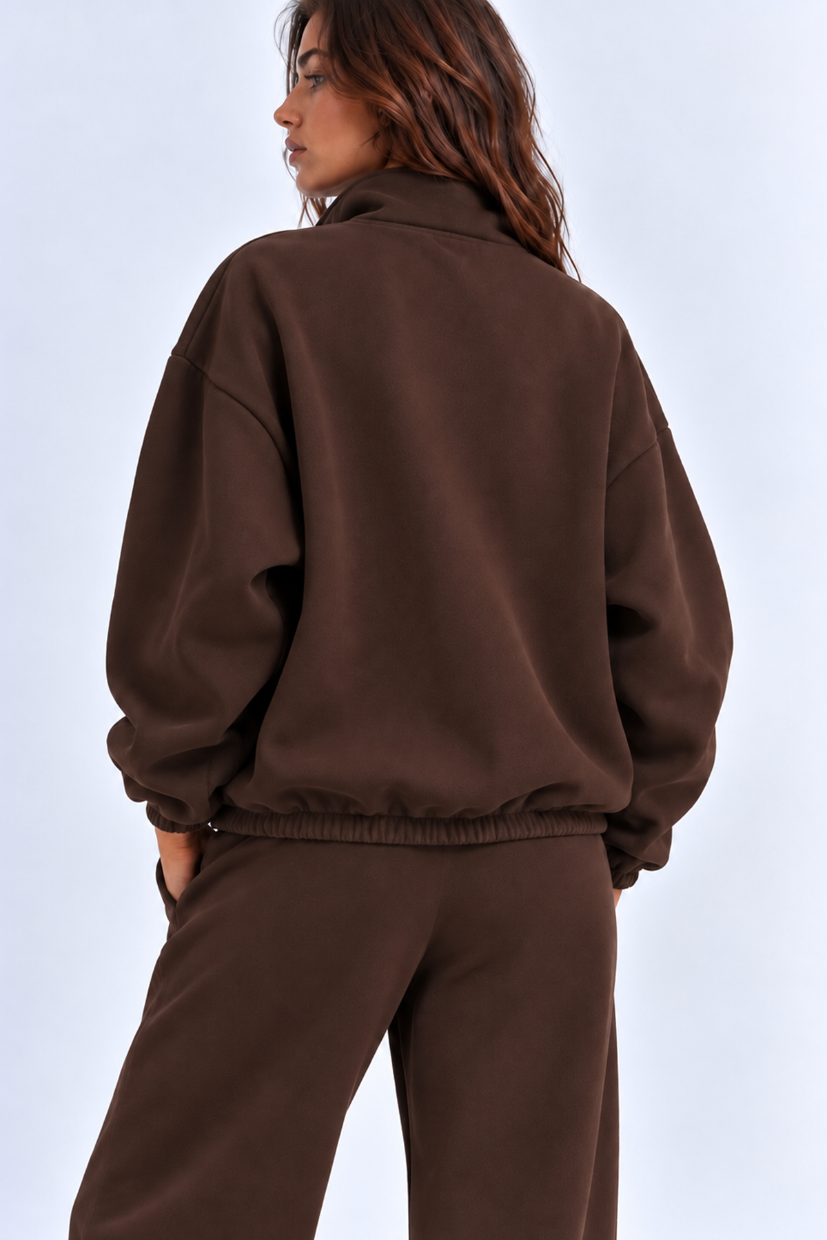 KAHVERENGİ 3 Iplik Içi Şardonlu Dik Yaka Demir Fermuarlı Oversize Sweatshirt