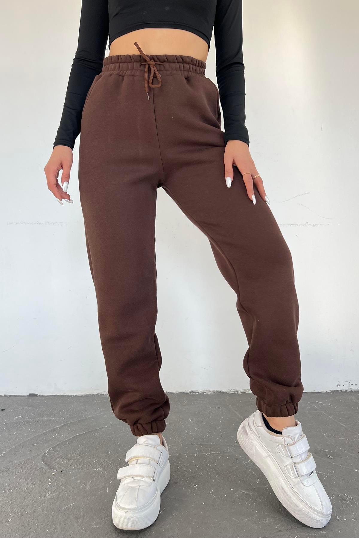 Kahverengi 3 İplik Polarlı Jogger Eşofman
