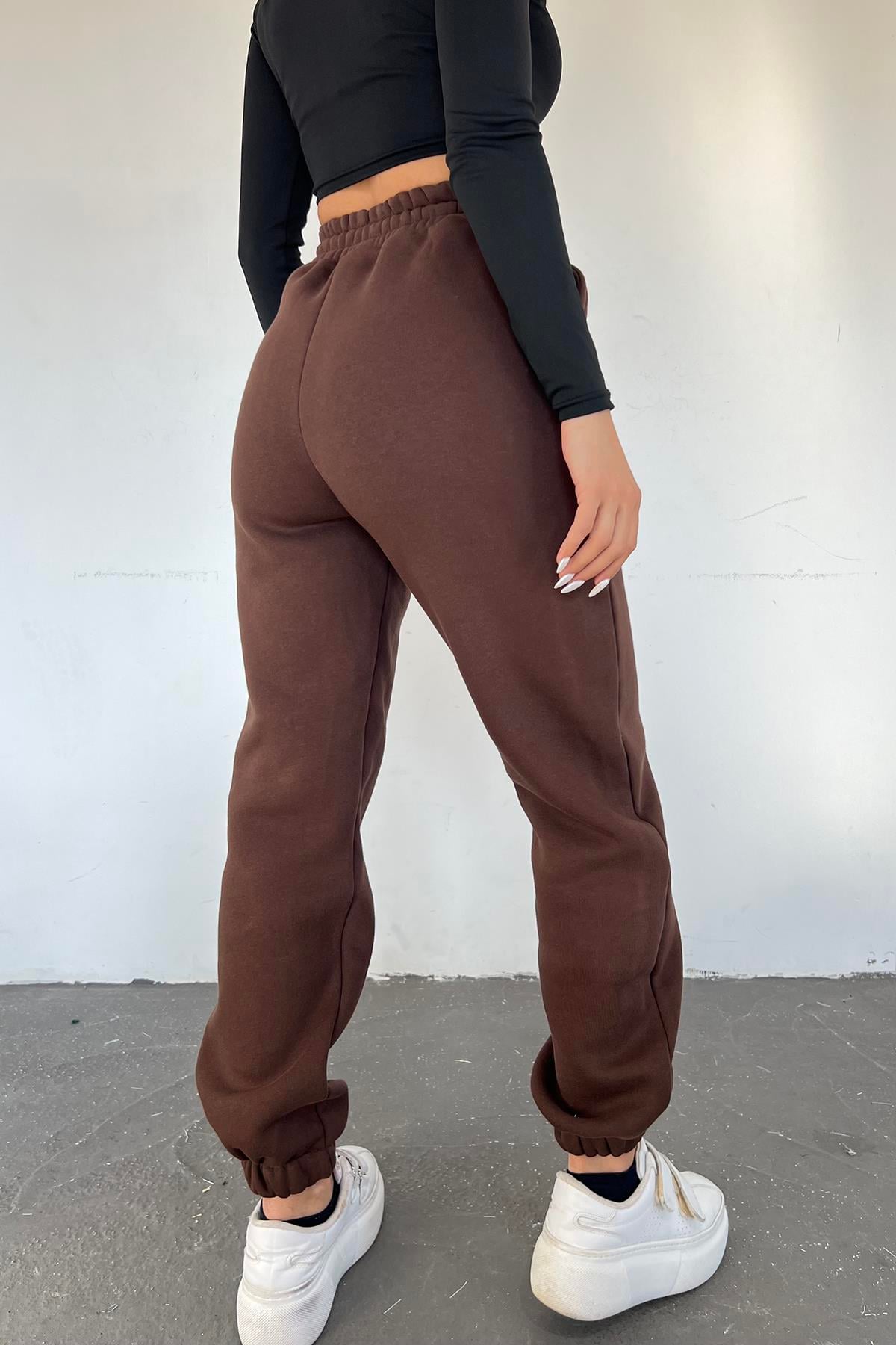 Kahverengi 3 İplik Polarlı Jogger Eşofman