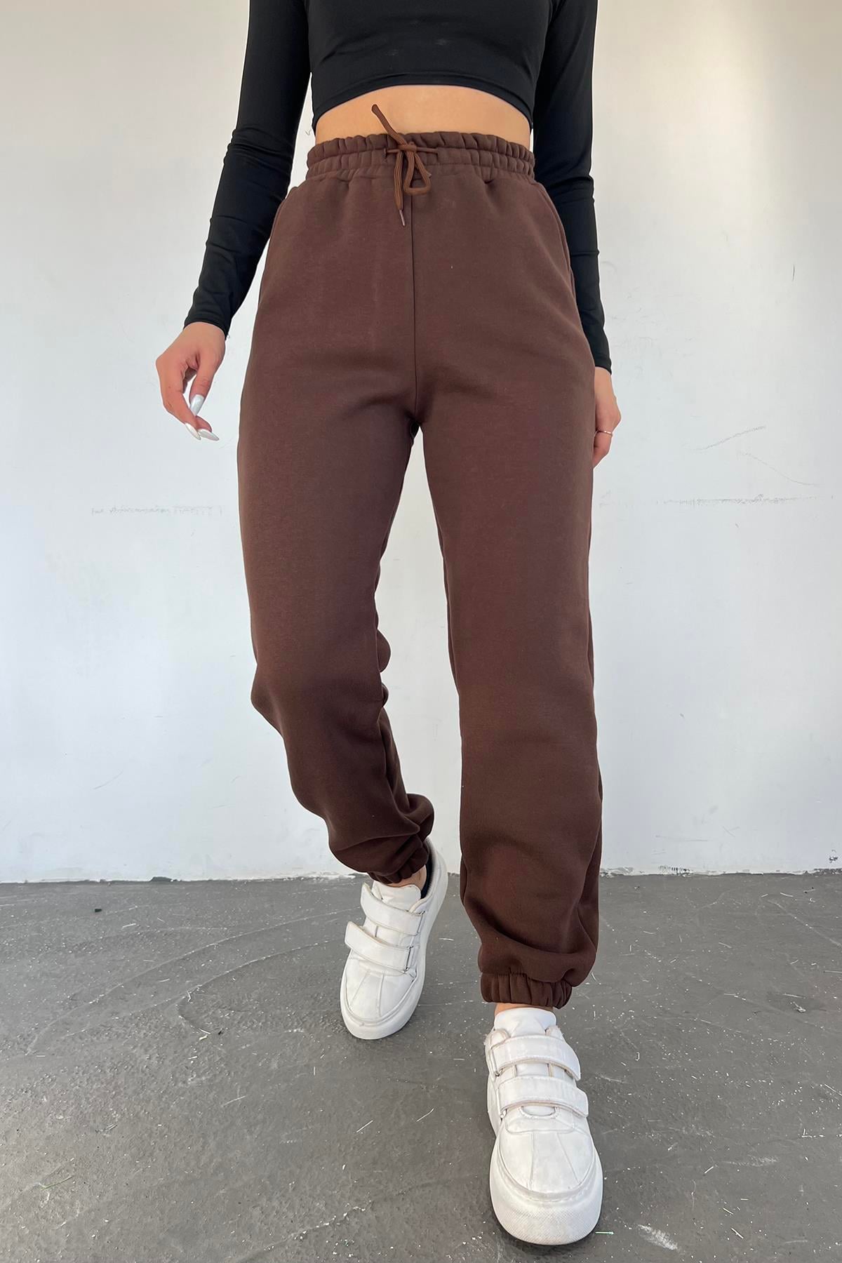 Kahverengi 3 İplik Polarlı Jogger Eşofman