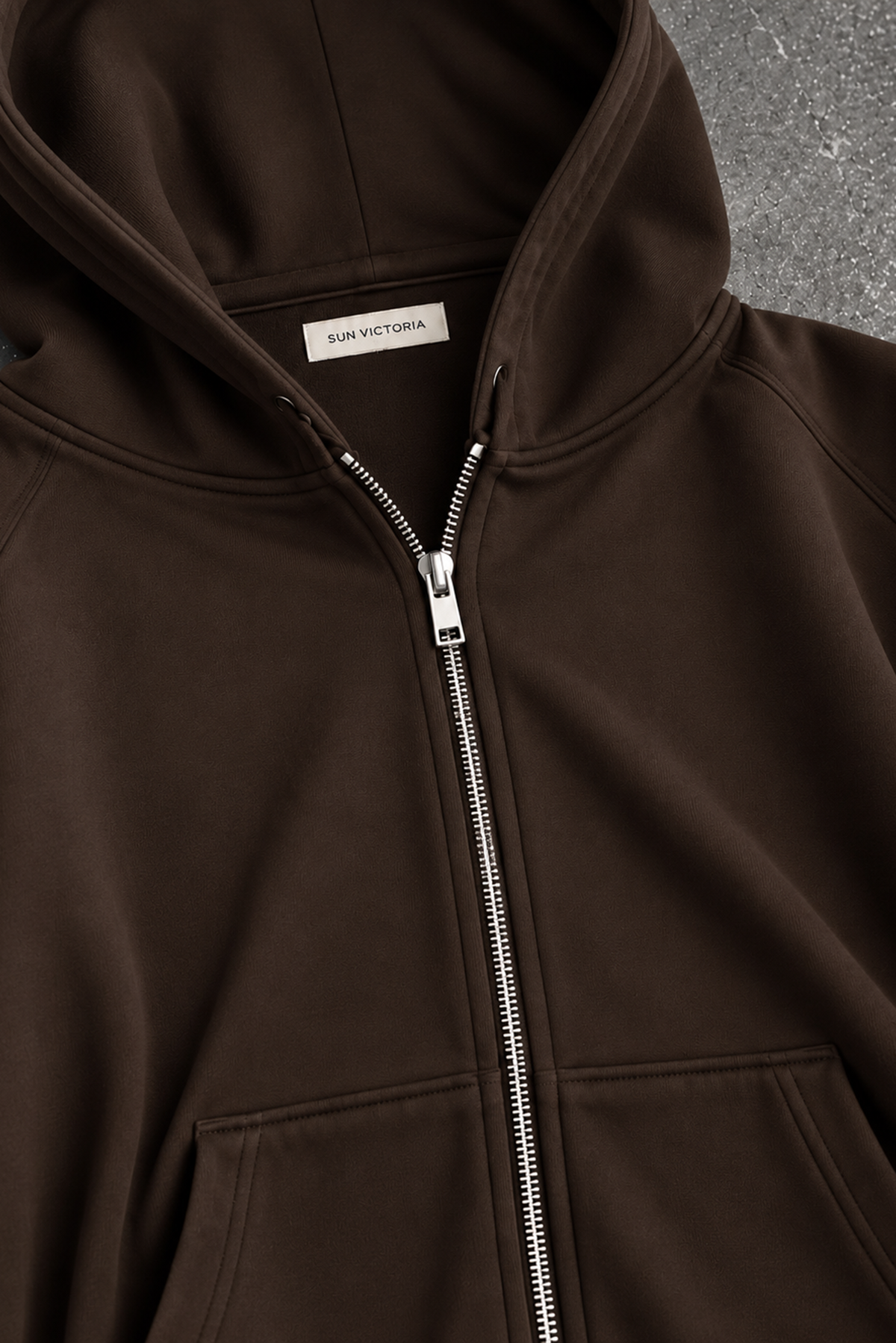 Kahverengi Modal Oys Kumaş Demir Fermuarlı Kapüşonlu Cepli Oversize Sweatshirt