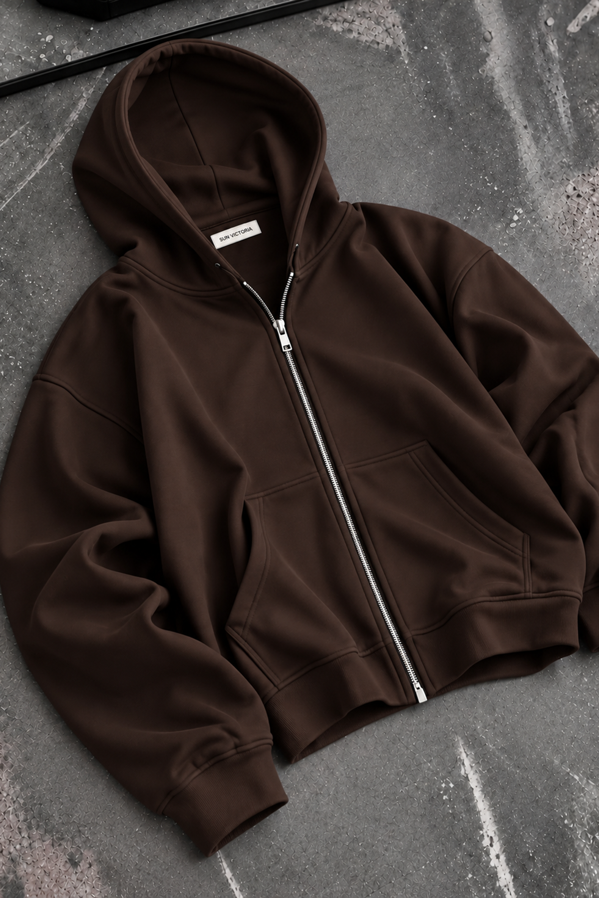 Kahverengi Modal Oys Kumaş Demir Fermuarlı Kapüşonlu Cepli Oversize Sweatshirt