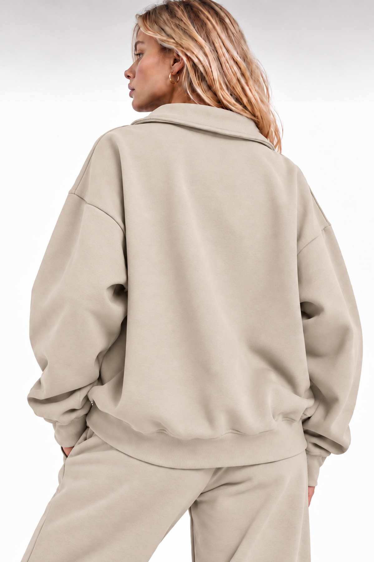 Krem Fermuarlı Polo Yaka 3 İplik Şardonlu Sweat