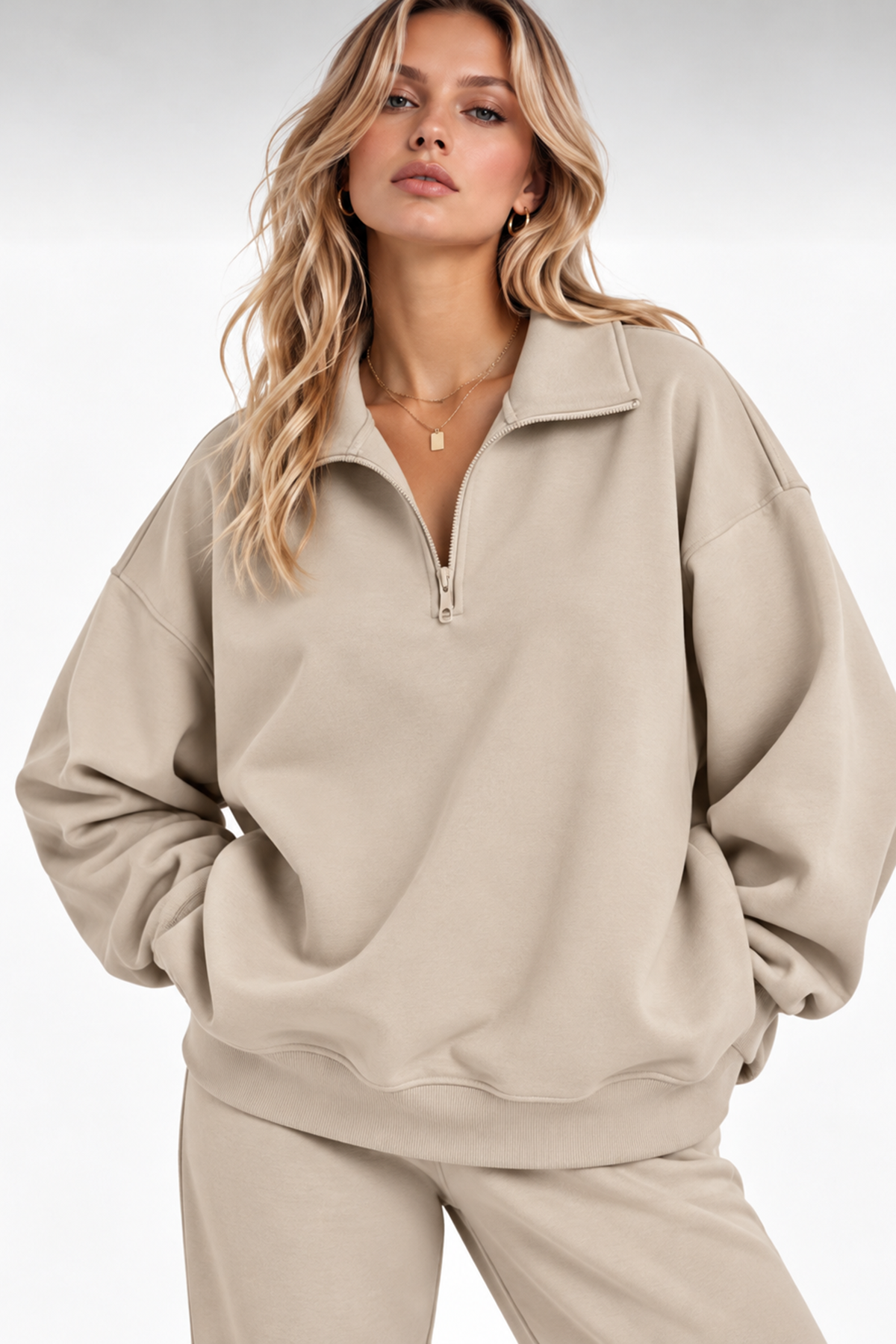 Krem Fermuarlı Polo Yaka 3 İplik Şardonlu Sweat