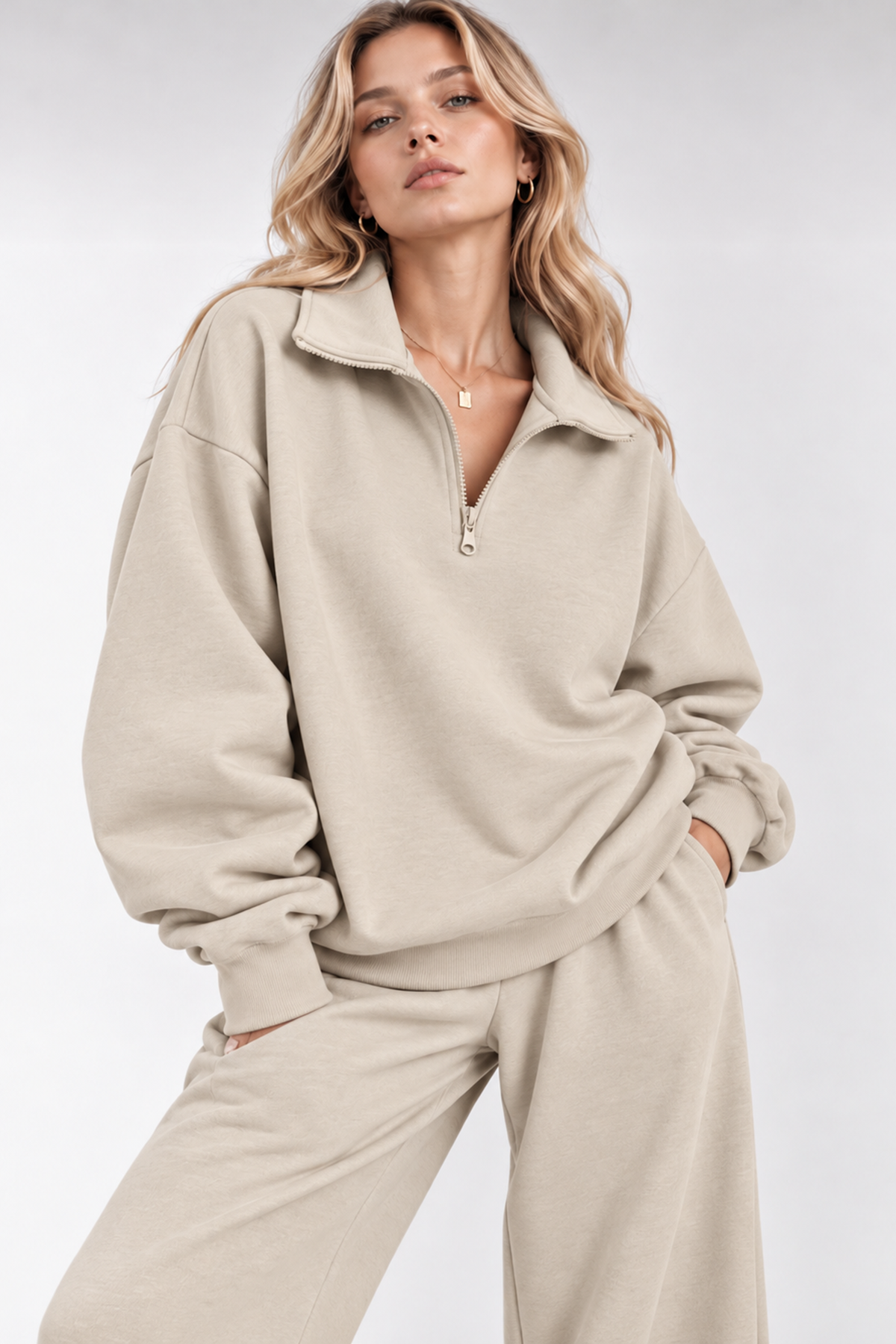 Krem Fermuarlı Polo Yaka 3 İplik Şardonlu Sweat