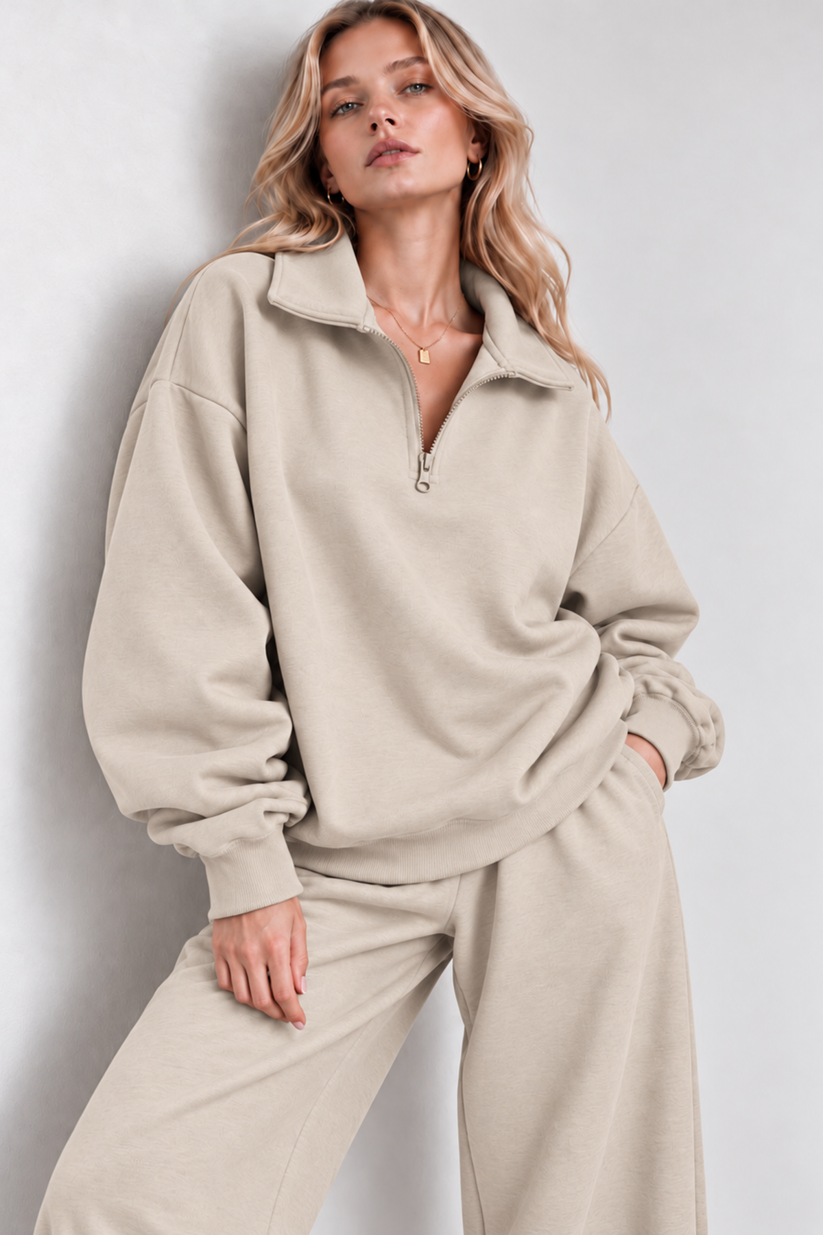 Krem Fermuarlı Polo Yaka 3 İplik Şardonlu Sweat