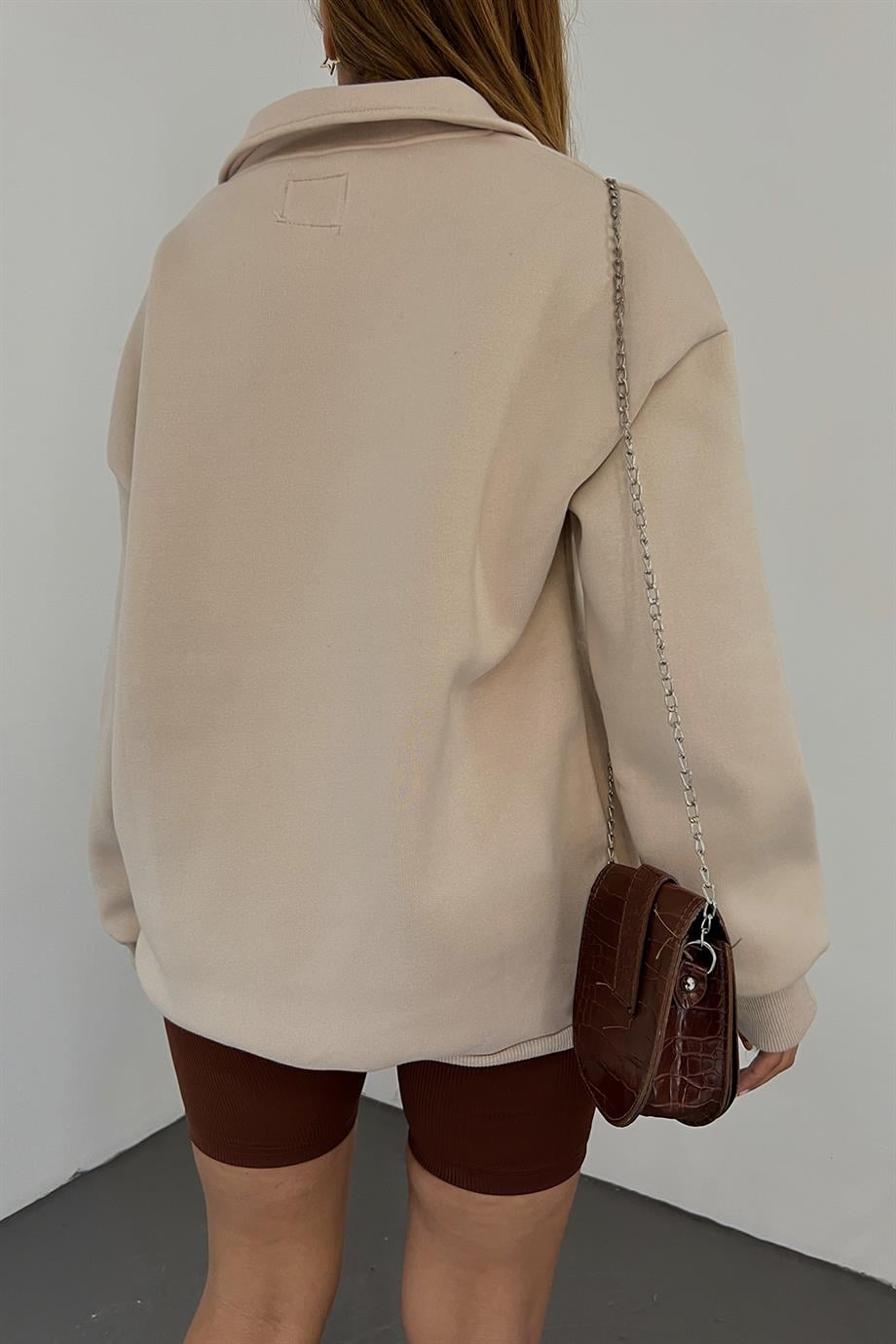 Krem Fermuarlı Polo Yaka Sweat