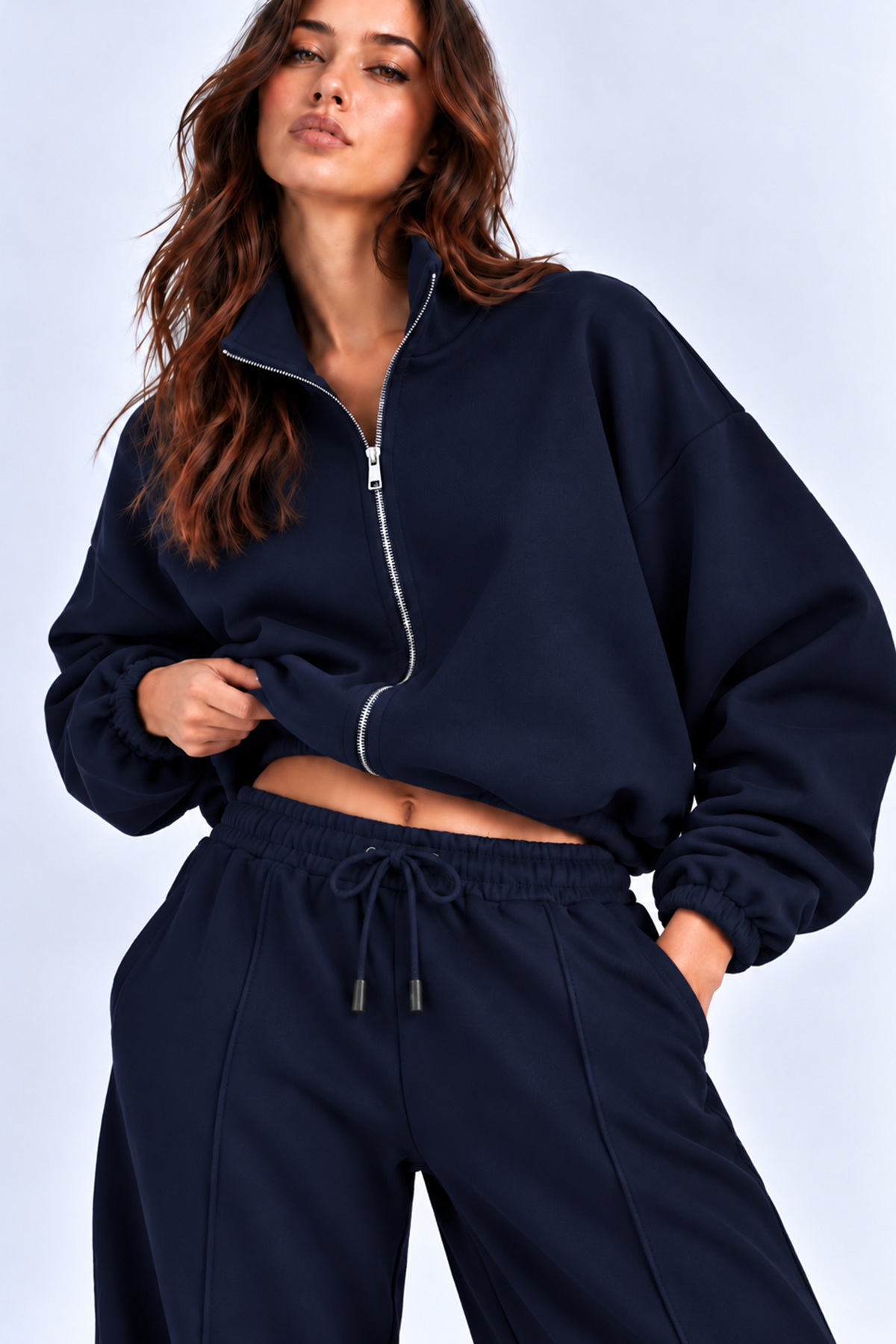 Lacivert 3 Iplik Içi Şardonlu Dik Yaka Demir Fermuarlı Oversize Sweatshirt
