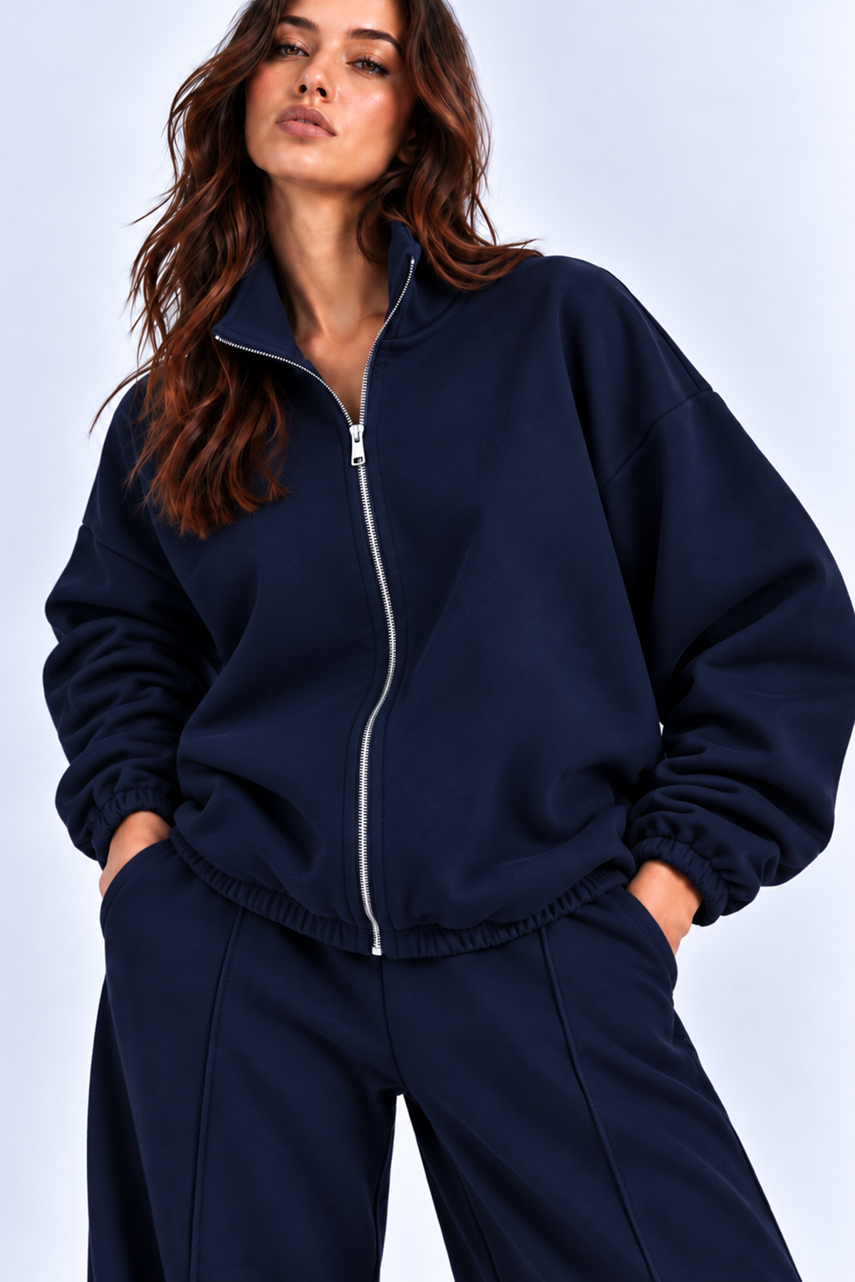 Lacivert 3 Iplik Içi Şardonlu Dik Yaka Demir Fermuarlı Oversize Sweatshirt