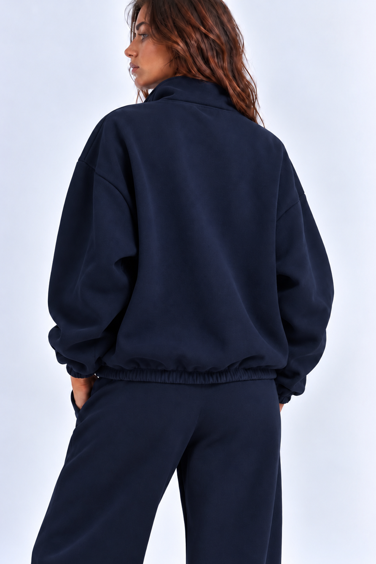 Lacivert 3 Iplik Içi Şardonlu Dik Yaka Demir Fermuarlı Oversize Sweatshirt
