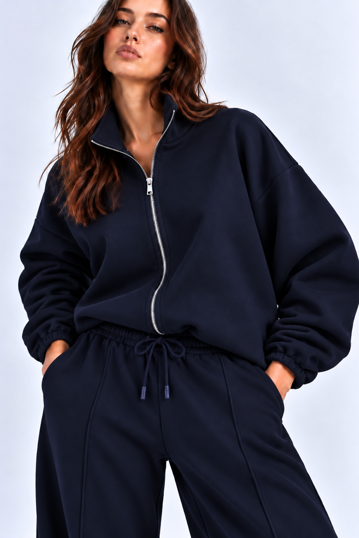 Lacivert 3 Iplik Içi Şardonlu Dik Yaka Demir Fermuarlı Oversize Sweatshirt