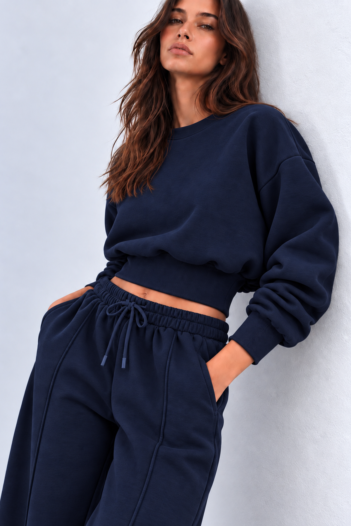 Lacivert 3 Iplik İçi Şardonlu Kuşaklı Crop Sweatshirt
