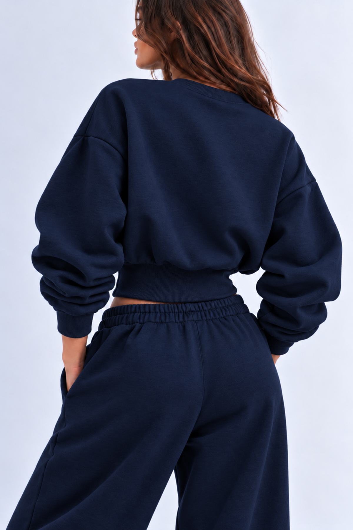 Lacivert 3 Iplik İçi Şardonlu Kuşaklı Crop Sweatshirt