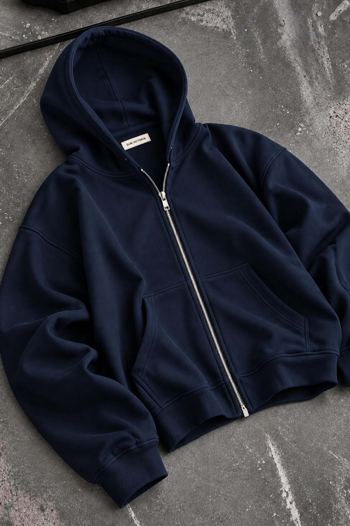 Lacivert Modal Oys Kumaş Demir Fermuarlı Kapüşonlu Cepli Oversize Sweatshirt