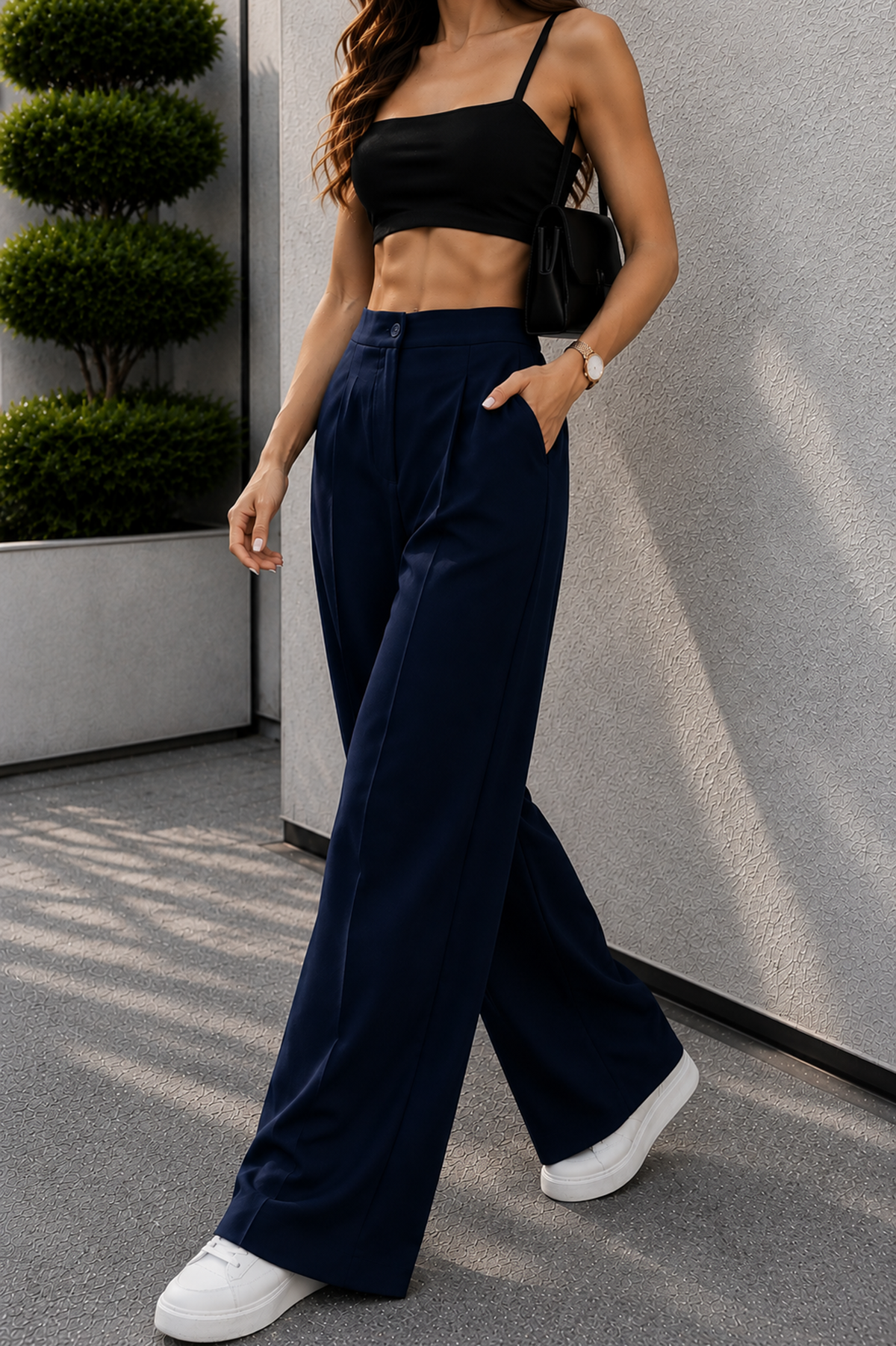 Lacivert Palazzo Beli Lastikli Pantolon Oversize Orjinal Kesim