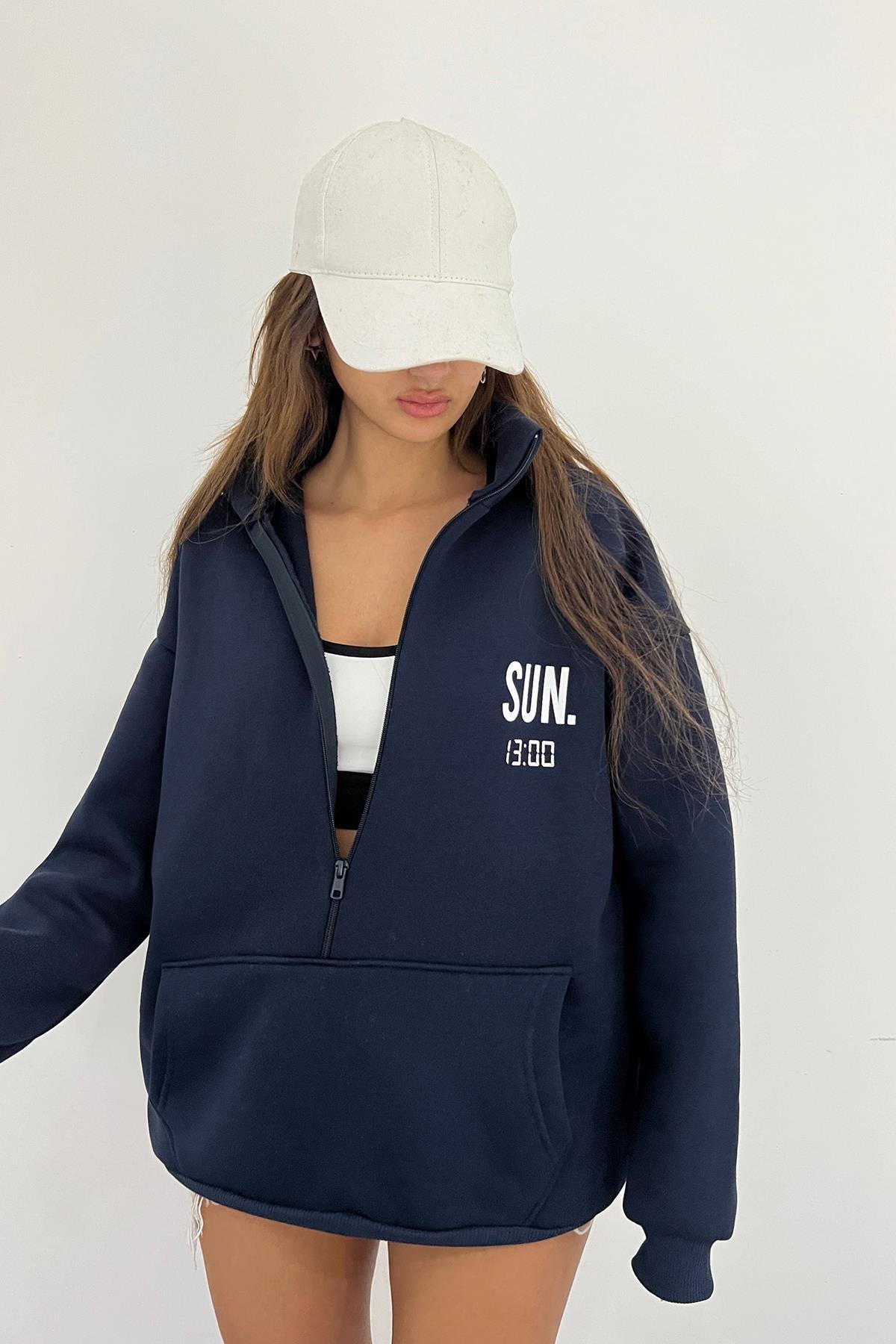 Lacivert SUN.13:00 Baskılı Fermuarlı Sweat