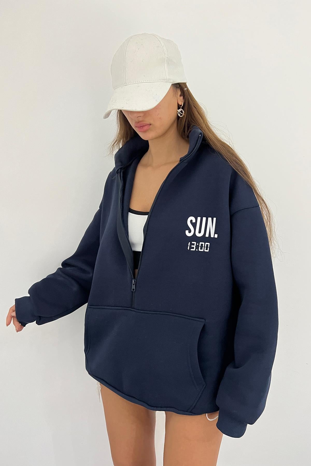 Lacivert SUN.13:00 Baskılı Fermuarlı Sweat