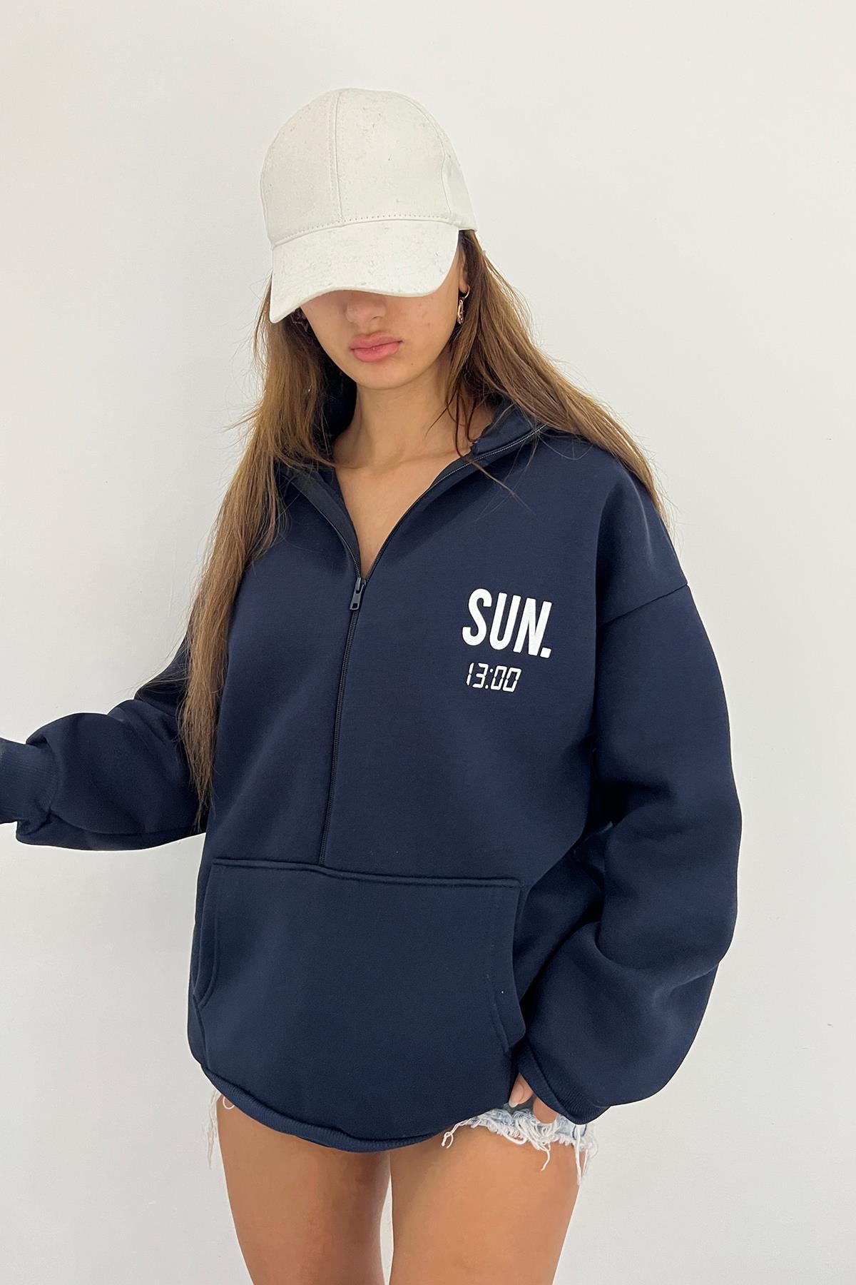 Lacivert SUN.13:00 Baskılı Fermuarlı Sweat