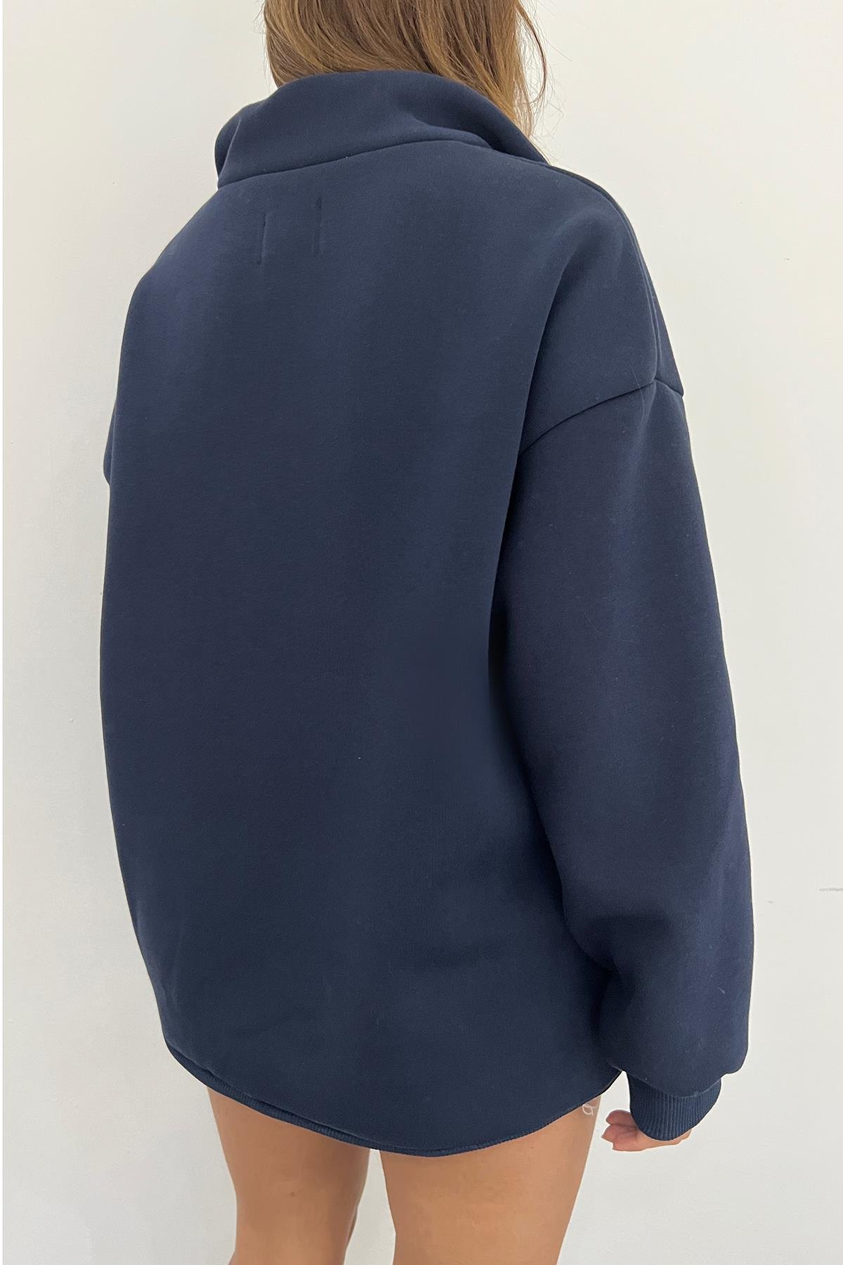 Lacivert SUN.13:00 Baskılı Fermuarlı Sweat