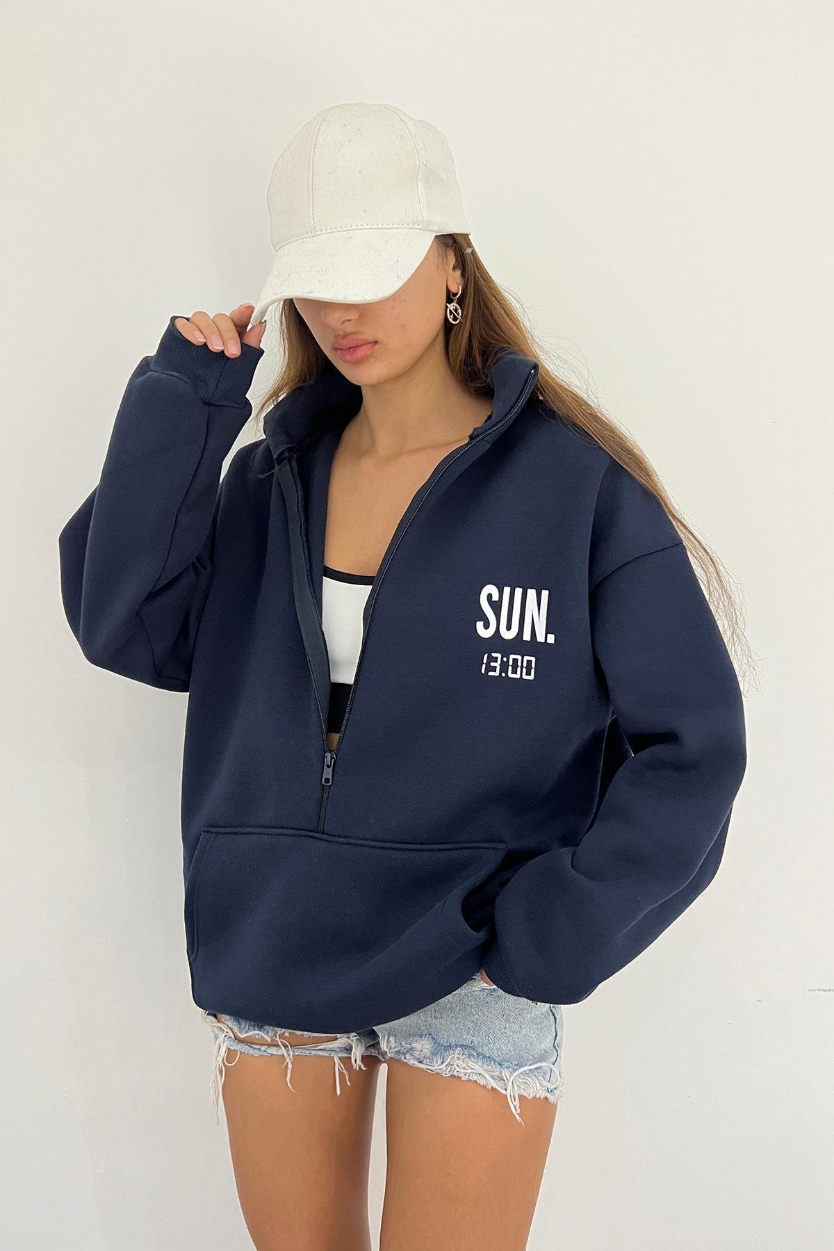 Lacivert SUN.13:00 Baskılı Fermuarlı Sweat