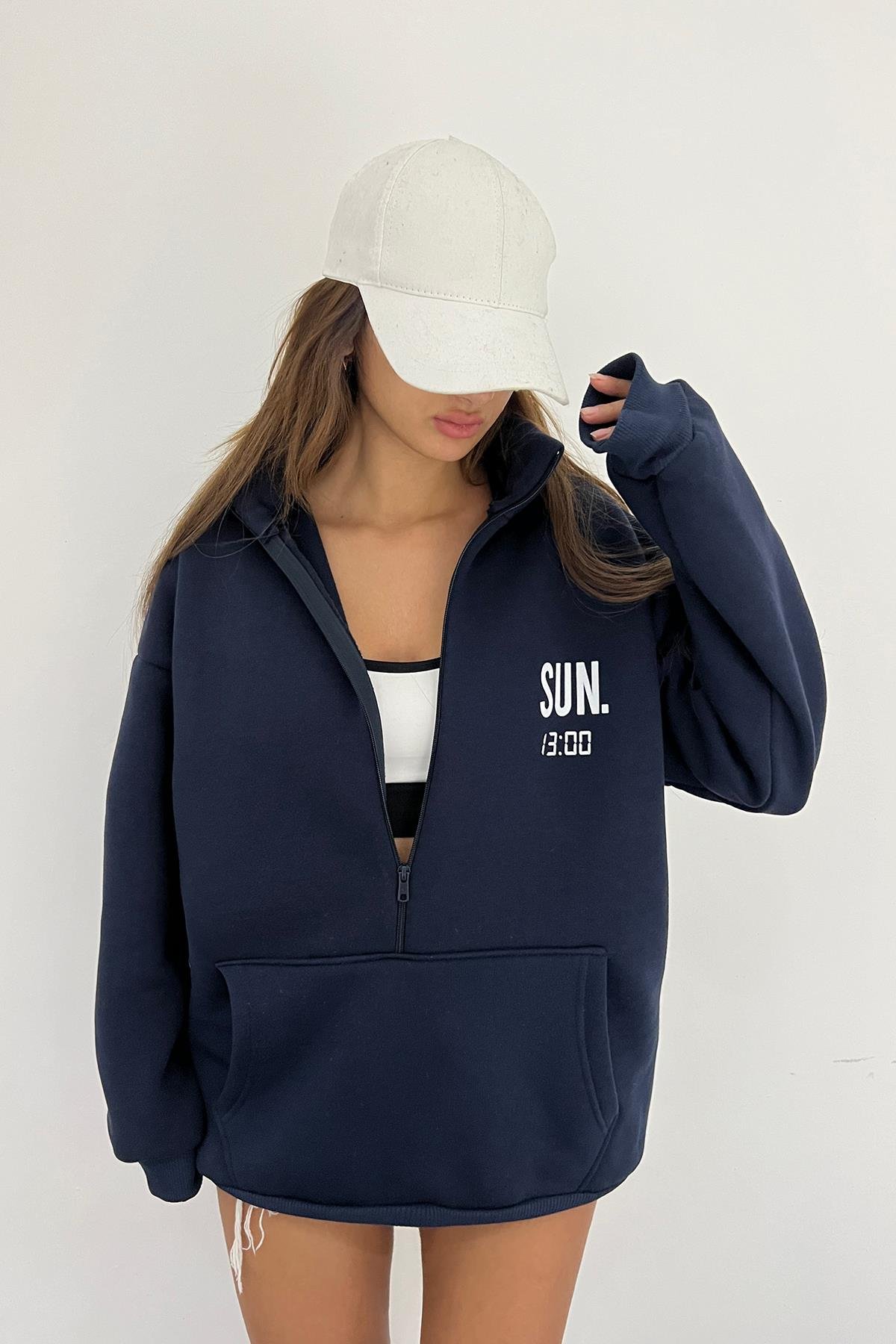 Lacivert SUN.13:00 Baskılı Fermuarlı Sweat