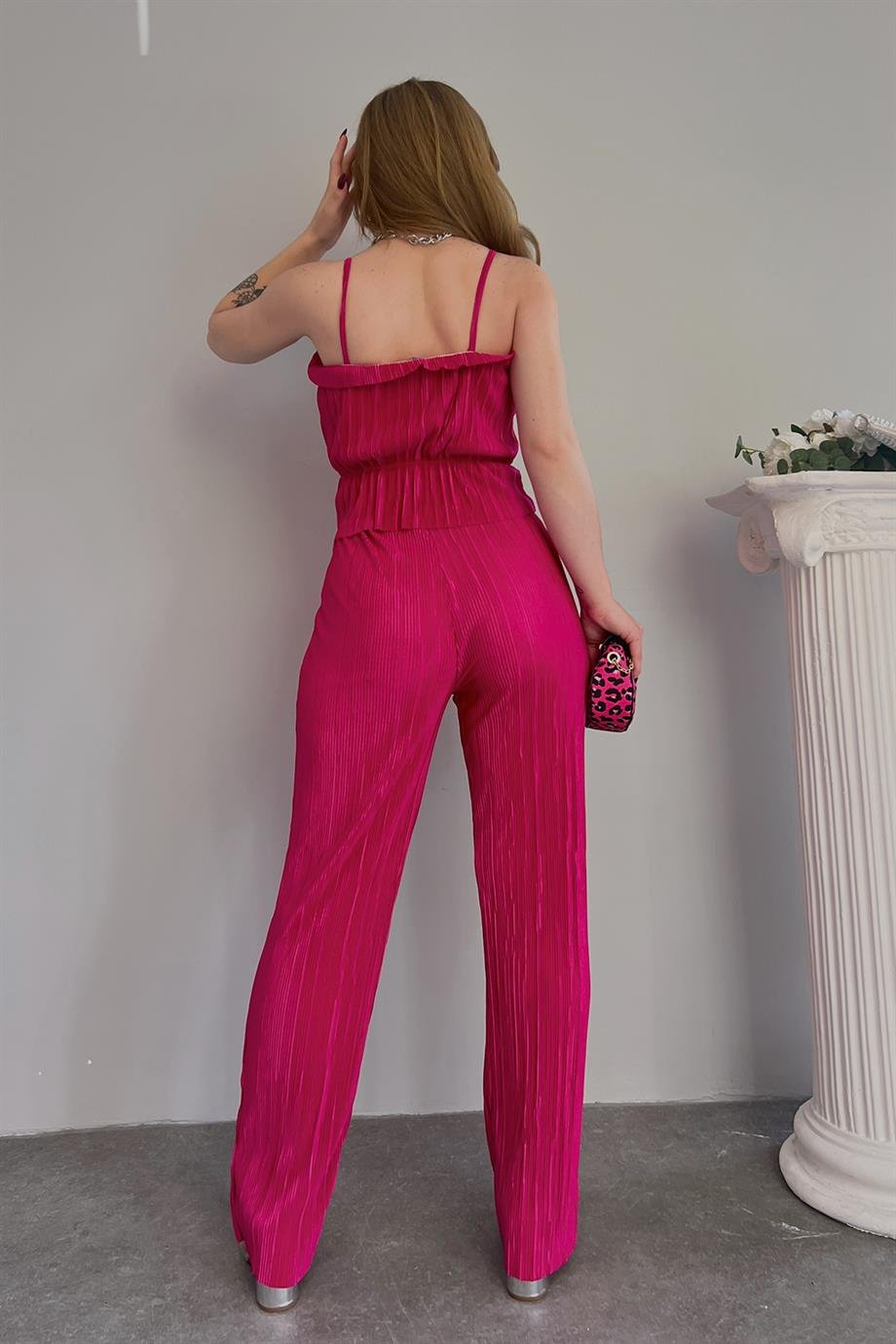 Pembe Pliseli Pantolon Crop Takım
