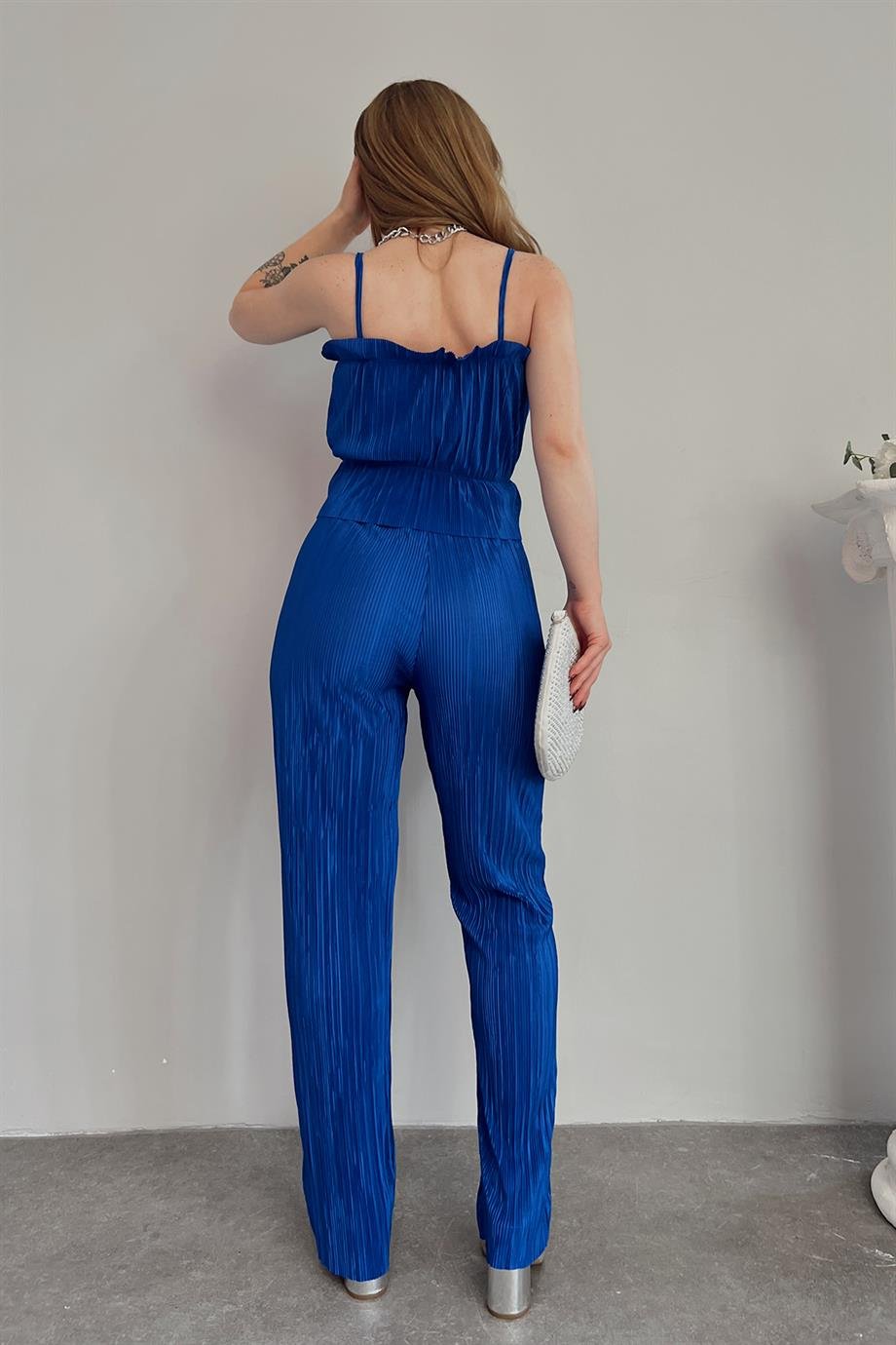 Saks Mavisi Pliseli Pantolon Crop Takım