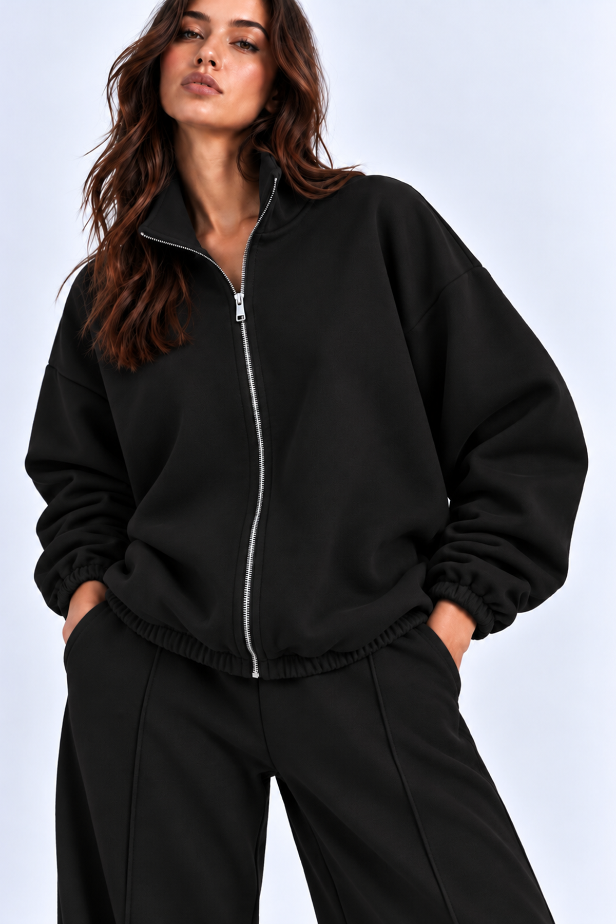 SİYAH 3 Iplik Içi Şardonlu Dik Yaka Demir Fermuarlı Oversize Sweatshirt