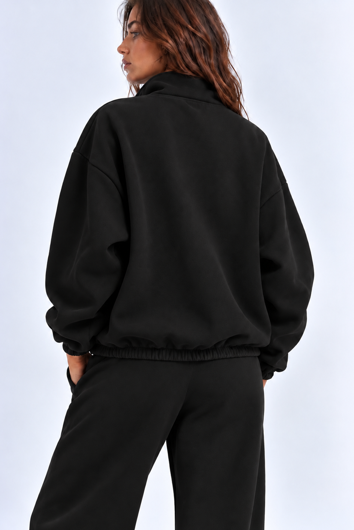 SİYAH 3 Iplik Içi Şardonlu Dik Yaka Demir Fermuarlı Oversize Sweatshirt
