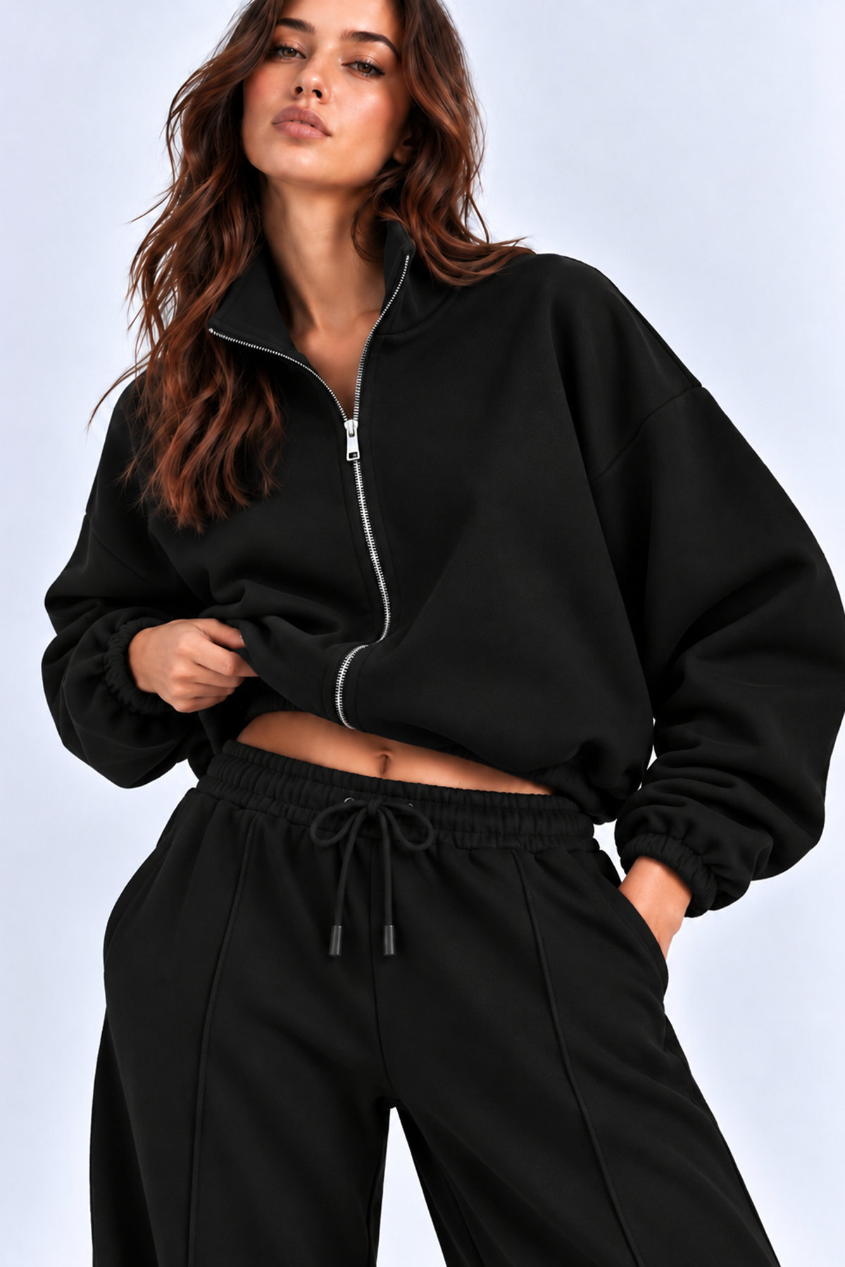 SİYAH 3 Iplik Içi Şardonlu Dik Yaka Demir Fermuarlı Oversize Sweatshirt